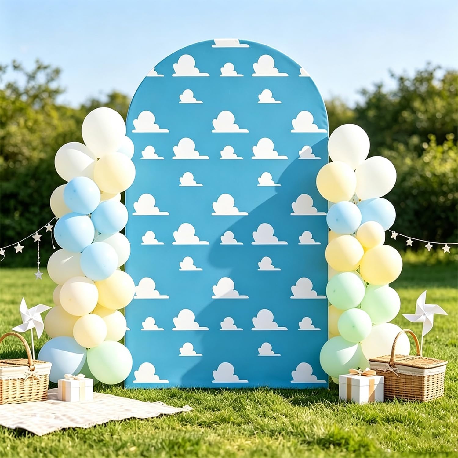Arch Backdrop Cover Blue Sky White Clouds Toy Theme Party Chiara Arch Cover Stretch Spandex Balloon Arch coverfor Baby Shower Boy Birthday Party Photo Booth Decorations (6.6FT) image 5