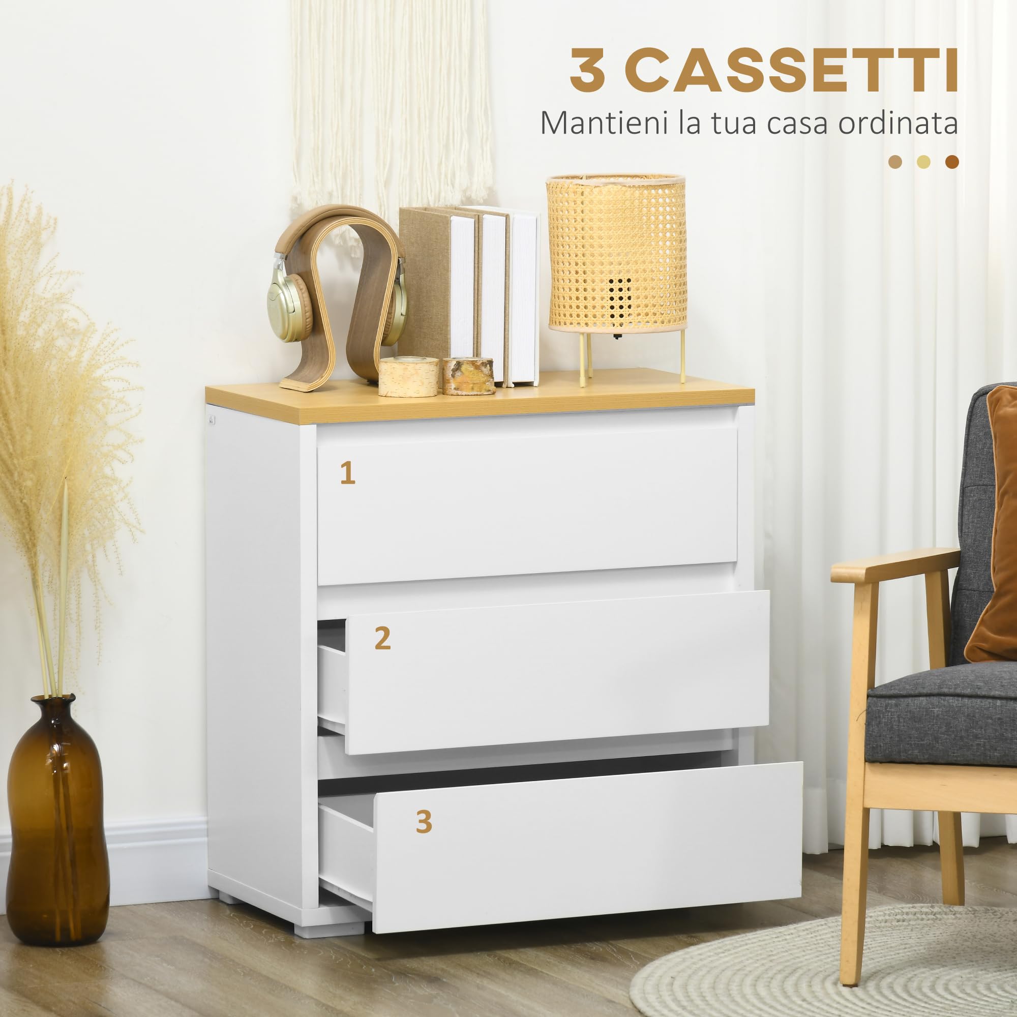 HOMCOM Cassettiera a 3 Cassetti in Truciolato Bianco per Camera da Letto, Studio e Soggiorno, 70x37x75cm