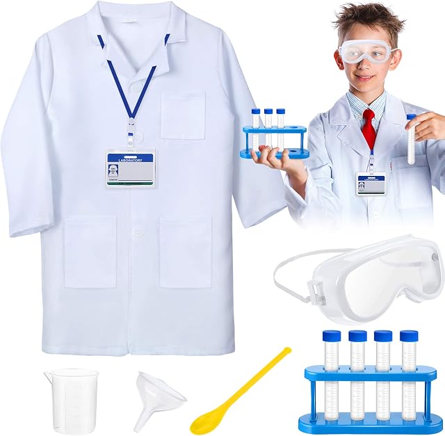 11 Pieces Lab Coat Lab Goggles Full Scientist Costume for Kids, Lab Coat with Glasses and Personalized ID Card and Experimental Apparatus, Toys, Children Style, 11 Pieces