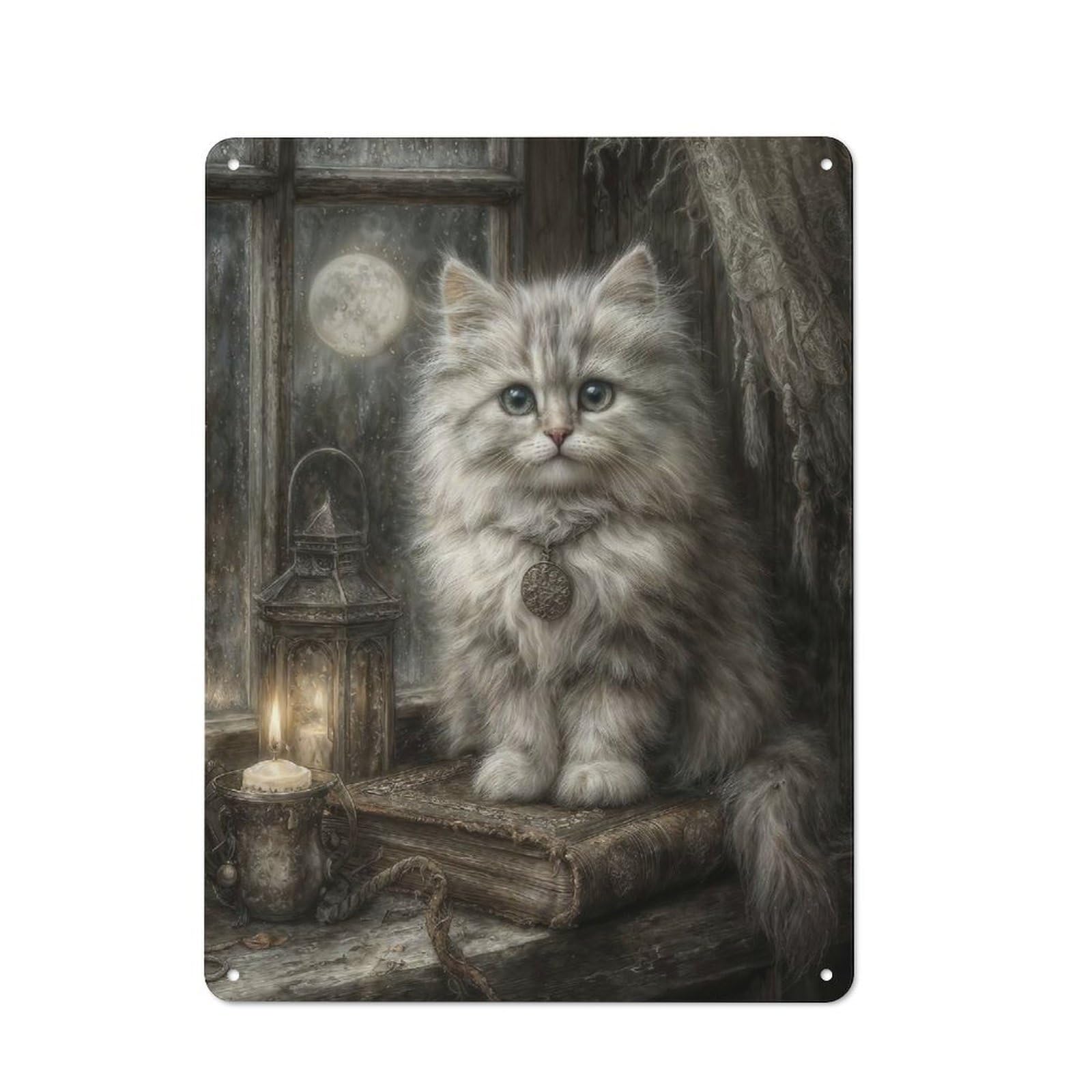 Junmoney Mystical White Cat With Full Moon Tin Wall Sign With Design 40X30cm, Classic Diner Style Decor For Bakery, Diner, Cafe Or Family Room
