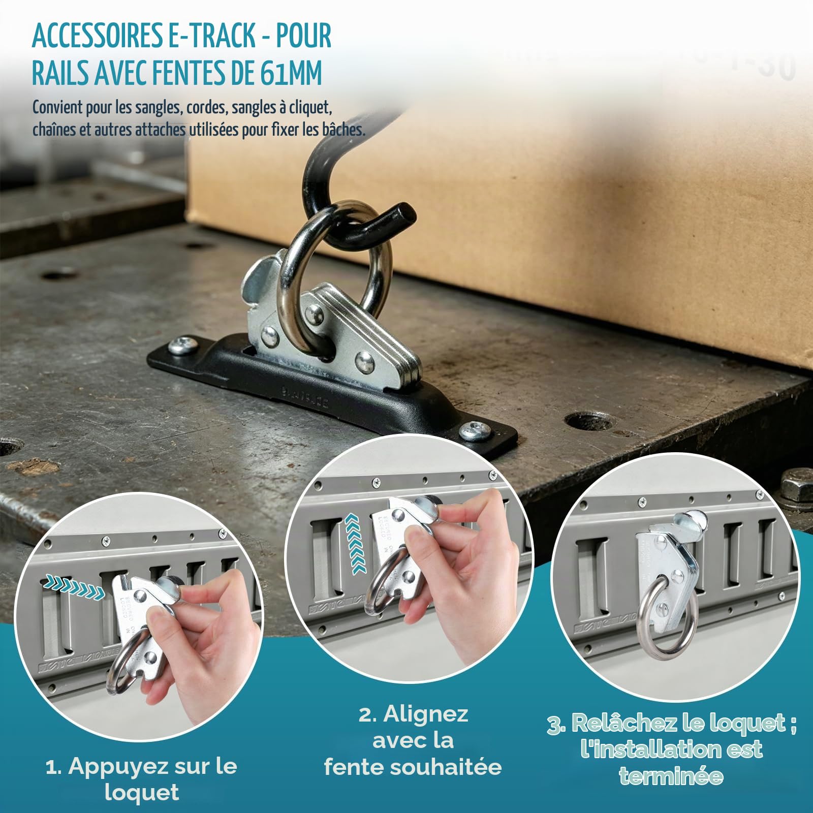 EXLECO 10 pièces de sangles de chargement combi pour remorques, rails E de 61 mm, accessoires de fixation de charge, embouts de fixation avec anneau de φ39 mm, ancres de charge haute performance, pour
