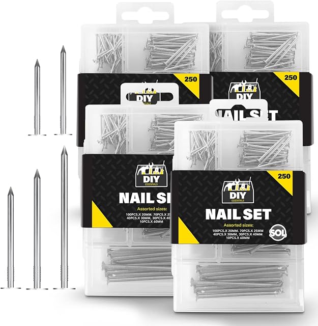 1000pk Assorted Nails for Wood Iron Nails for Hanging Pictures | Long, Medium and Small Wall Nails for DIY and Crafts, Home Décor, Woodwork, Furniture and Construction