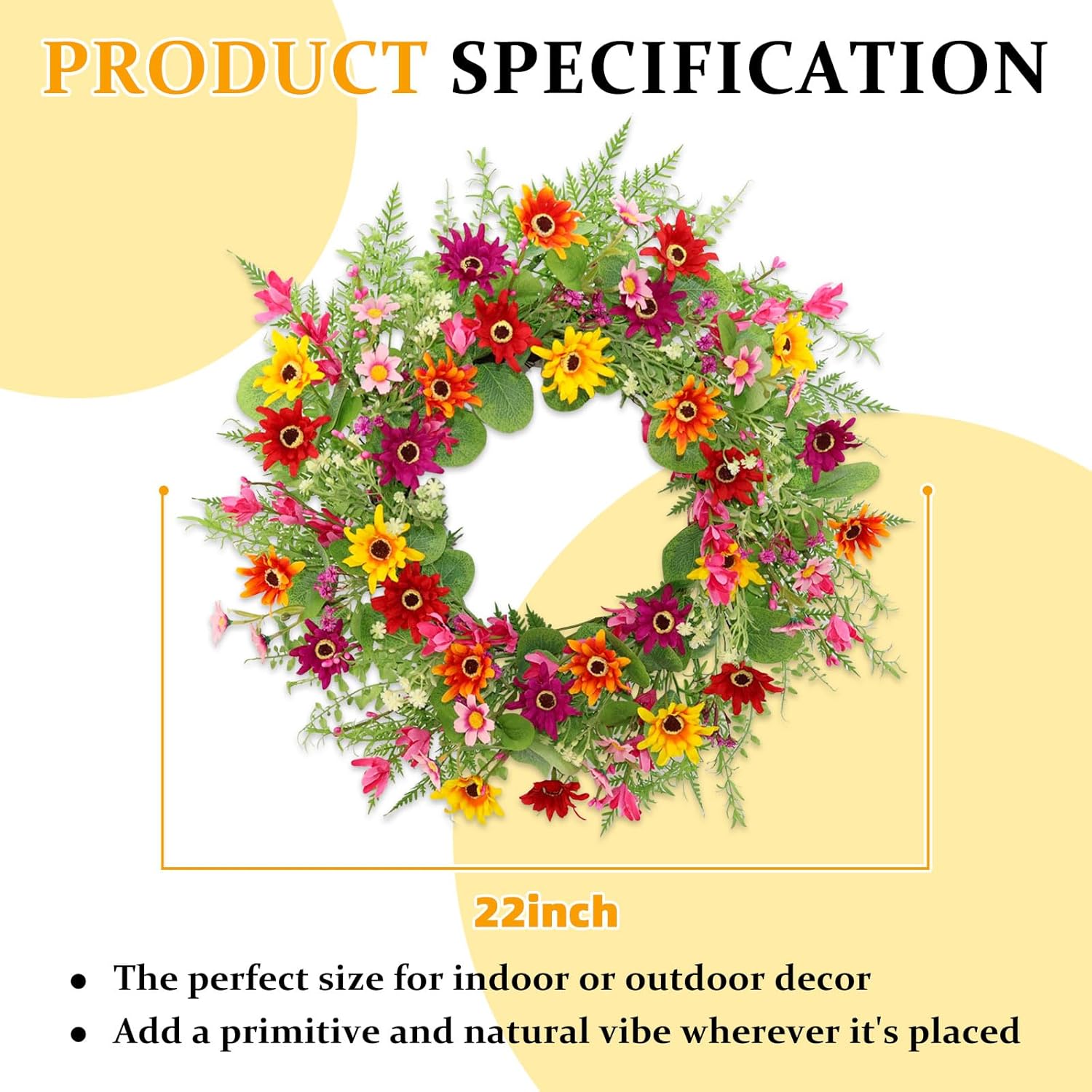 Spring Summer Wreaths for Front Door,22 Inch Artificial Spring Summer Daisy Wreath with Wildflowers,Ferns,Eucalyptus Leaves for Indoor Outdoor Wall Porch Festival Farmhouse Home Holiday Decor.