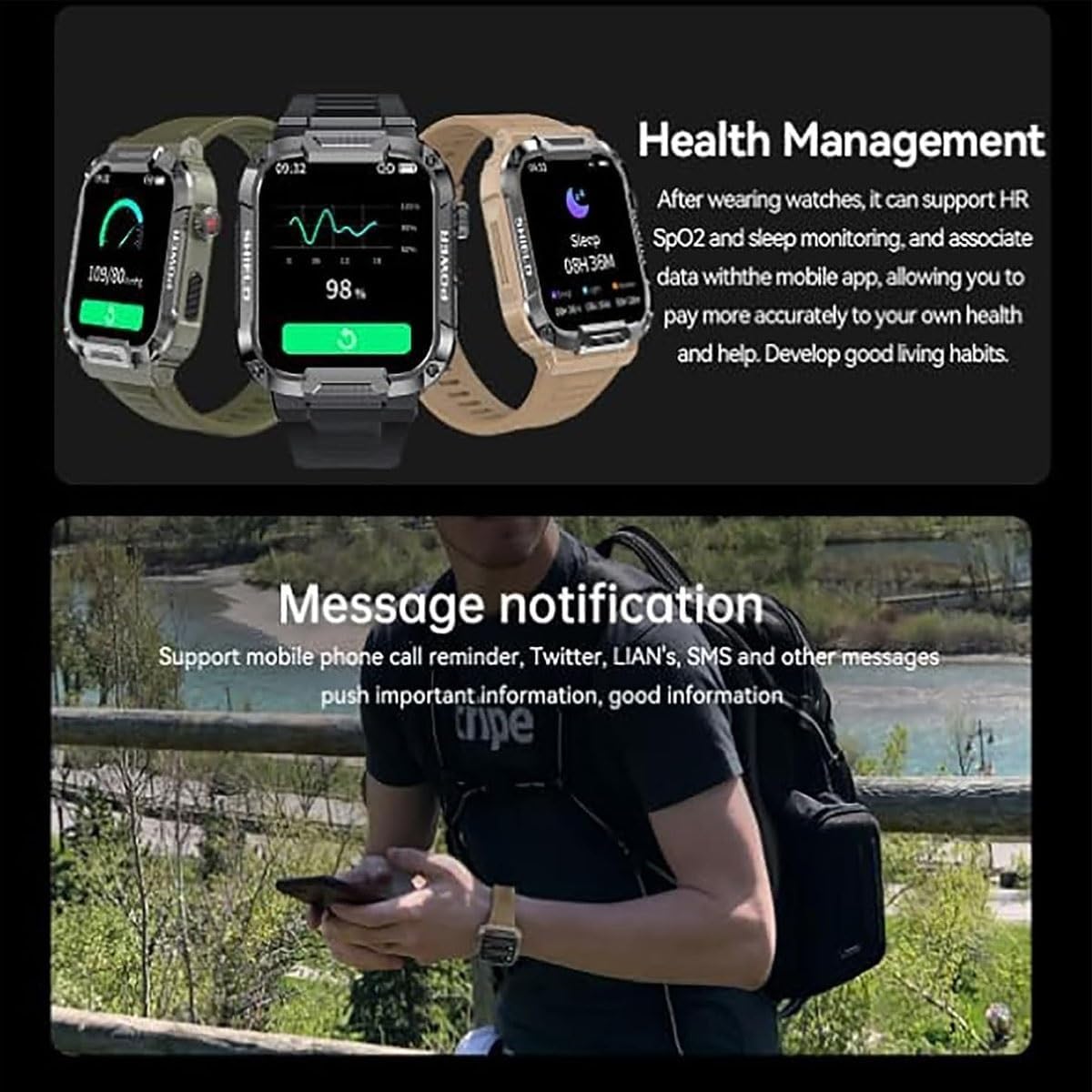 Smartwatch showing health management and message notification features