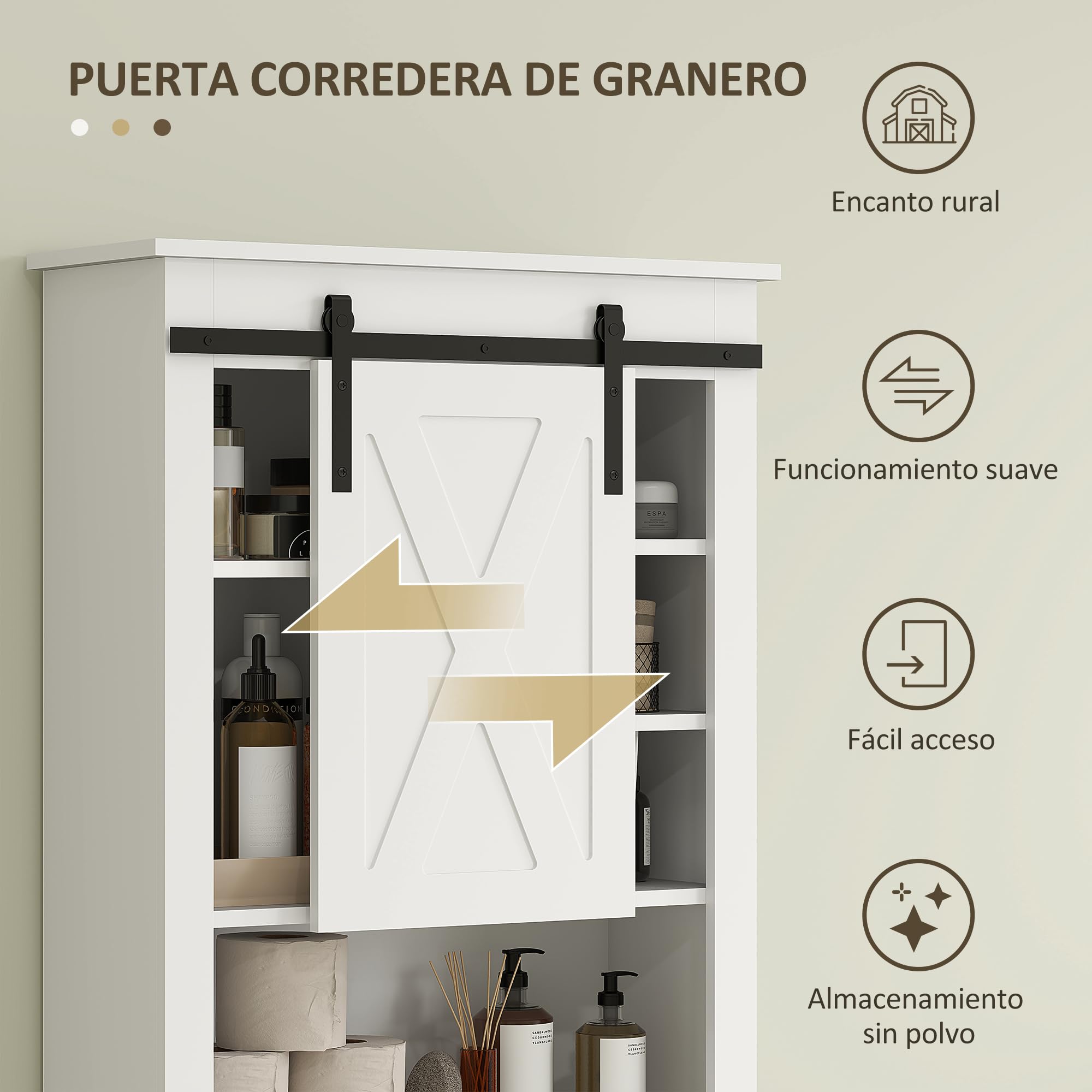 HOMCOM Mueble sobre Inodoro Armario sobre Inodoro con Puerta Corredera de Granero y 6 Compartimentos Mueble de Baño Rústico 67x25x172 cm Blanco