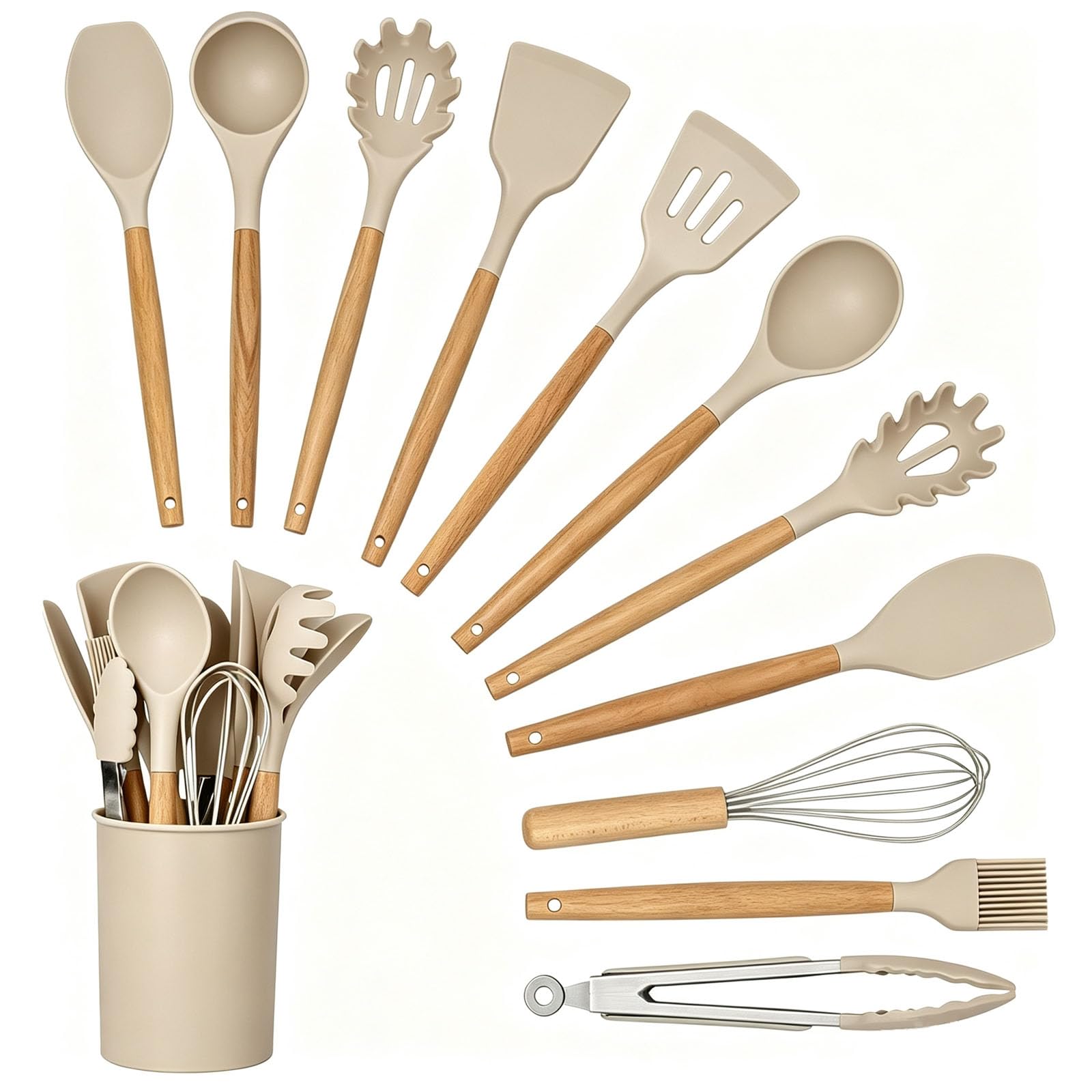 12 PCS Kitchen Utensil Set, Silicone Cooking Utensils with Holder, Heat Resistant, Nonstick Cookware Tongs Spatula Spoon Set, Wooden Handles Kitchen Tools & Gadgets (Khaki)