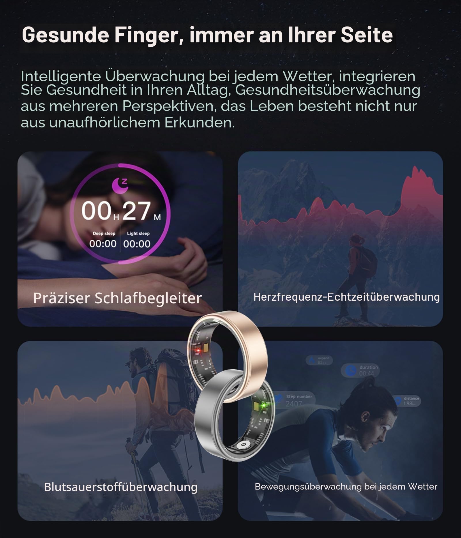 Smart Ring Fitness Ring Tracker Smartringe für Herren Damen Schrittzähler Aktivitätstracker 5ATM Wasserdicht Schlaftracker Smartring Herzfrequenz Pulsmessser Fitnesstracker Android iOS Größe 8