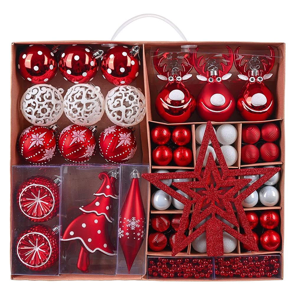 YUHINN Adornos Navidad 92Pack Bolas de Navidad Adornos Árbol de Navidad Rojo Blanco Glitter Estrella Estrella Topper Colgantes Colgantes Set for Decoración del Hogar Decoración Navideña