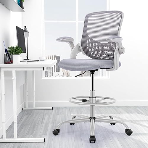 Sweetcrispy Silla de dibujo, silla de oficina en casa, sillas de escritorio con ruedas, sillas altas de oficina con anillo de pie ajustable, brazos