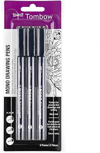 Tombow 66403 Bolígrafo de dibujo MONO, paquete de 3. Crea dibujos precisos y detallados con tres tamaños de punta: 01, 03 y 05