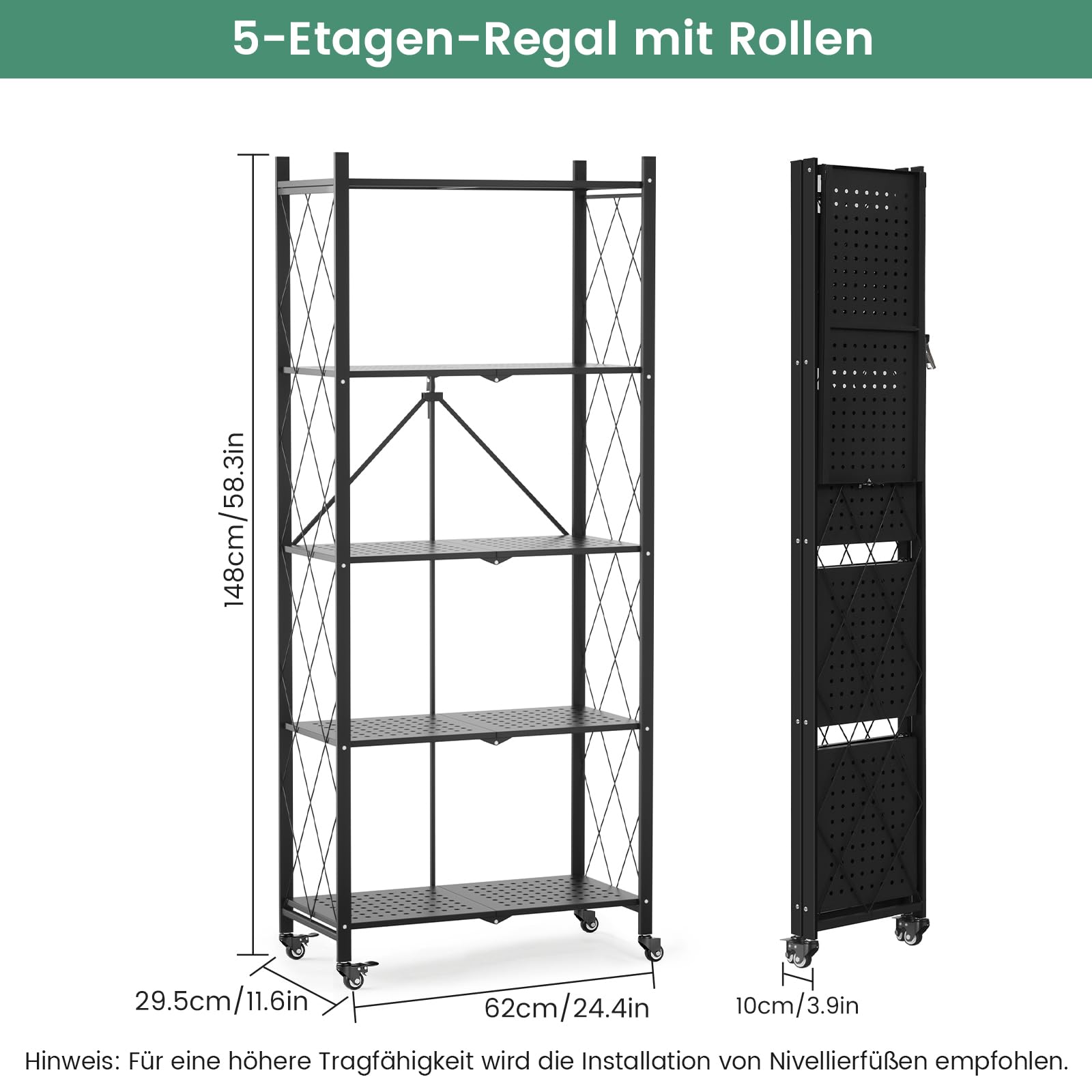 ALANNG Składany regał z kółkami – regał stojący z 5 półkami, regał na książki z metalu – nie wymaga montażu i stabilny – do kuchni, salonu, piwnicy, biura – czarny
