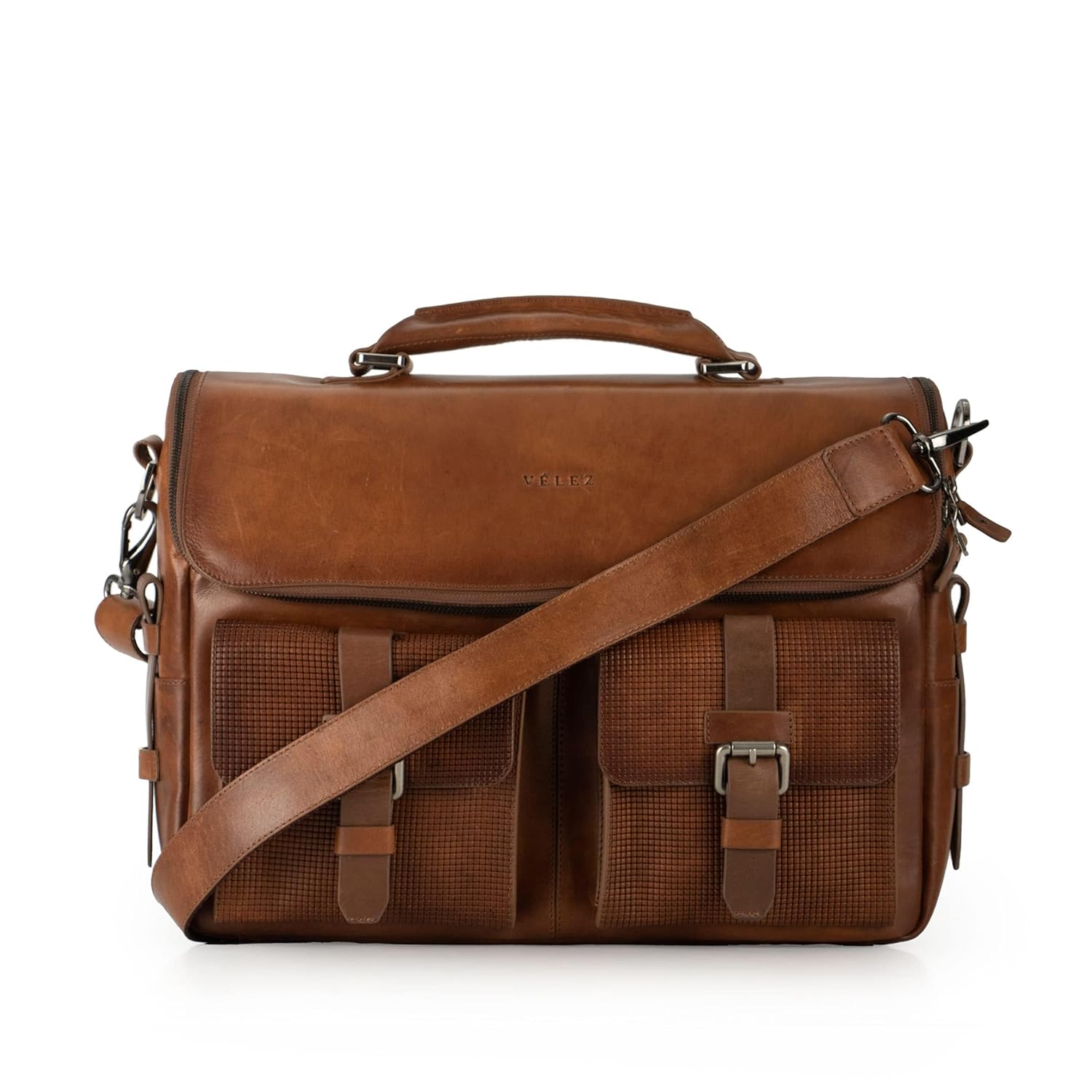 VELEZ Tan Full Grain Leather Messenger Bag for Men - 15 Laptop Briefcase - Mens Vintage Business Crossbody