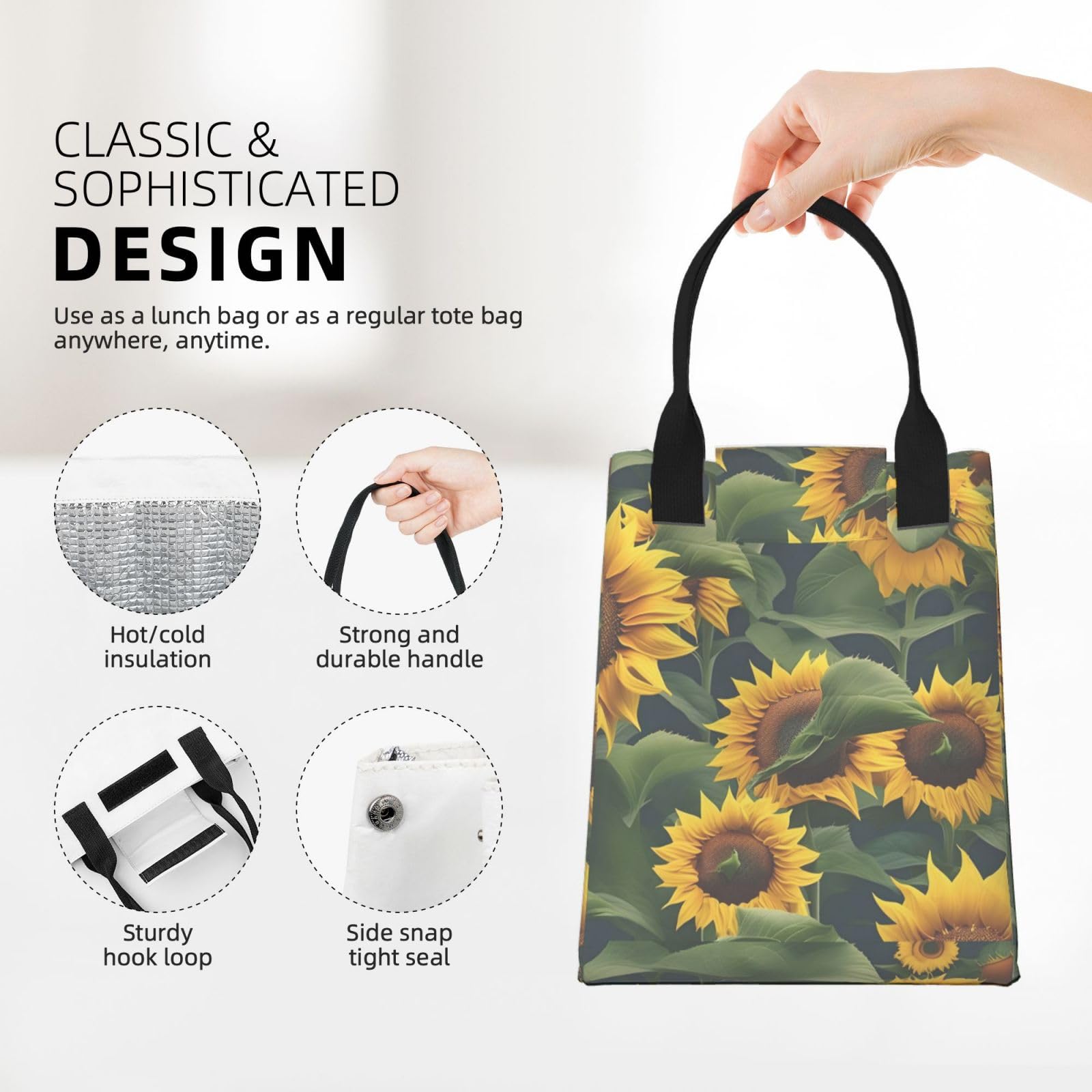 Borsa termica per il pranzo a tema girasole, riutilizzabile, per adulti, ideale per lavoro, picnic e viaggi