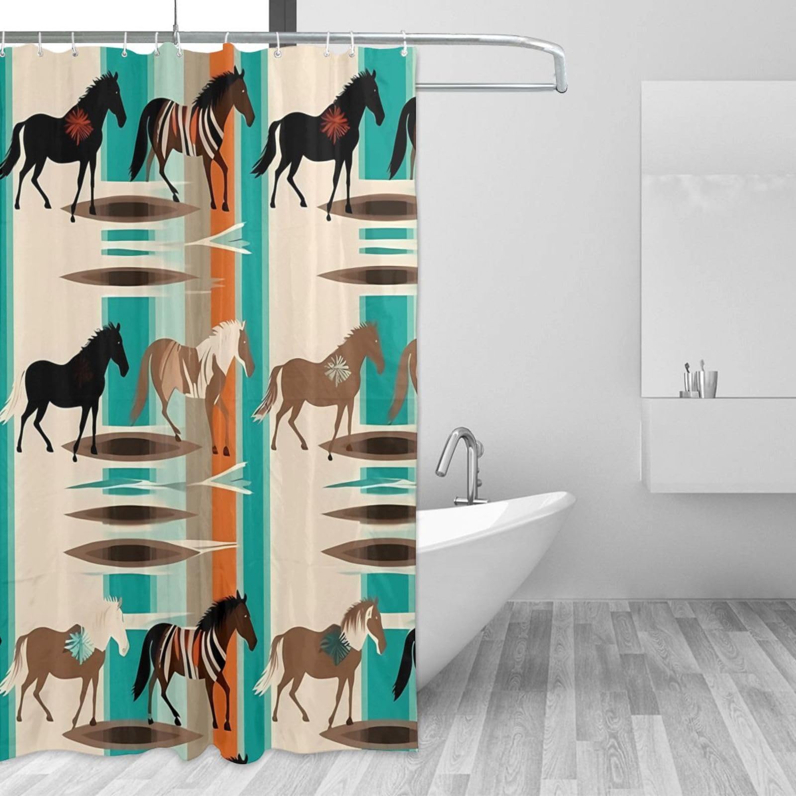 Rideau de douche imperméable à rayures de cheval avec 12 crochets pour baignoire 183x183cm