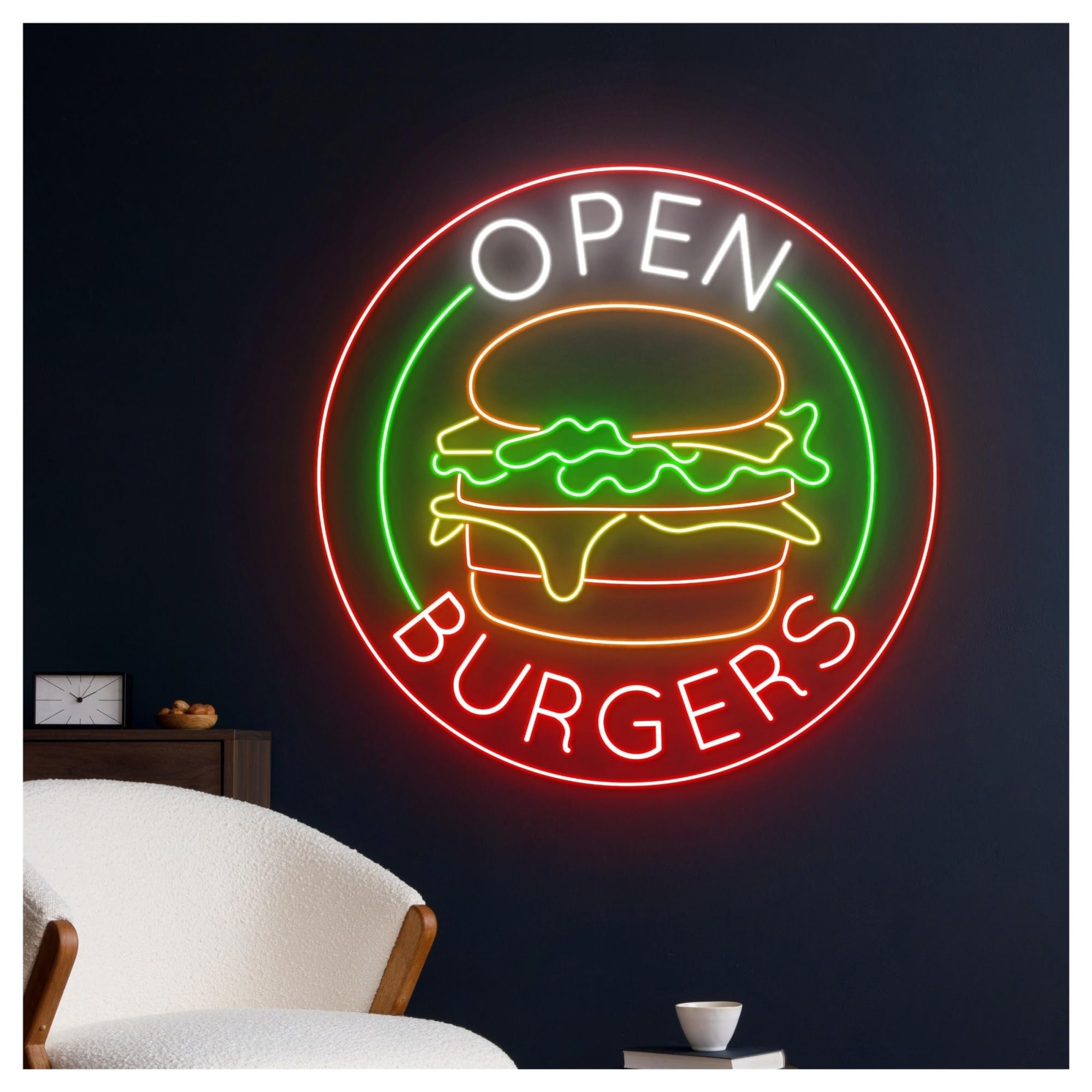 Wiszące neony artystyczne Neon Z Napisem „Otwarty Burger”, Dekoracja Ścienna Do Restauracji Typu Fast Food 58cm