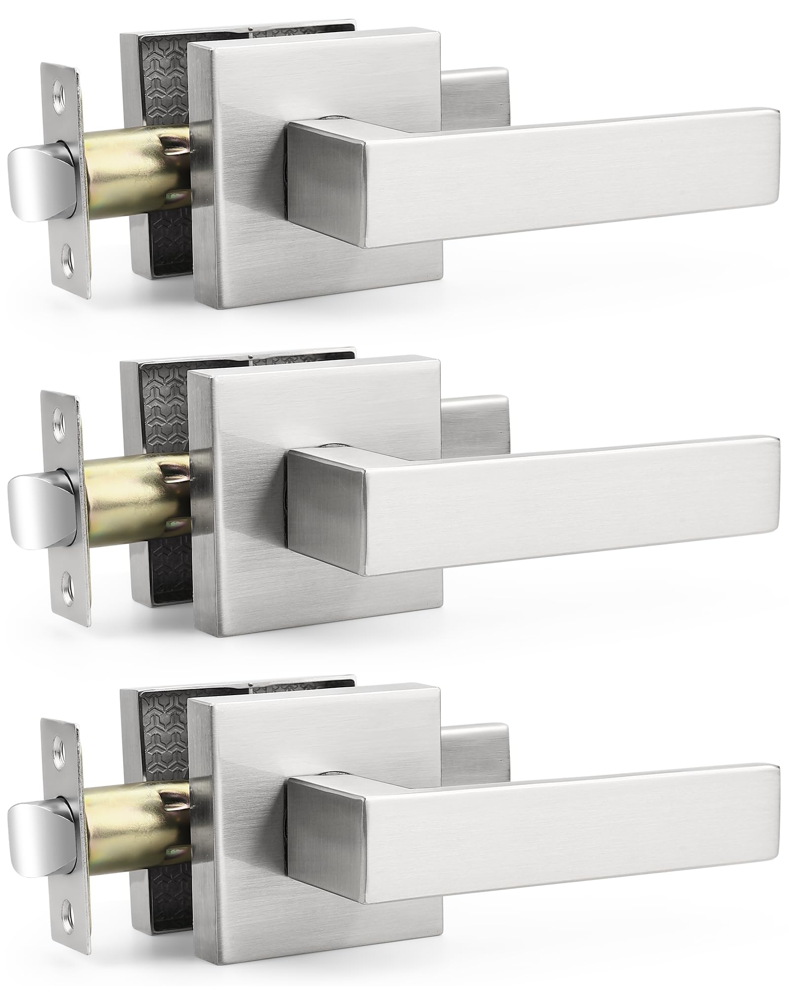 Probrico 3 Pack Square Door Lever Door Lock Handle Lockset Keyless Doorknobs Passage Knobs Lockset Interior Hallway Passage Closet in Satin Nickel