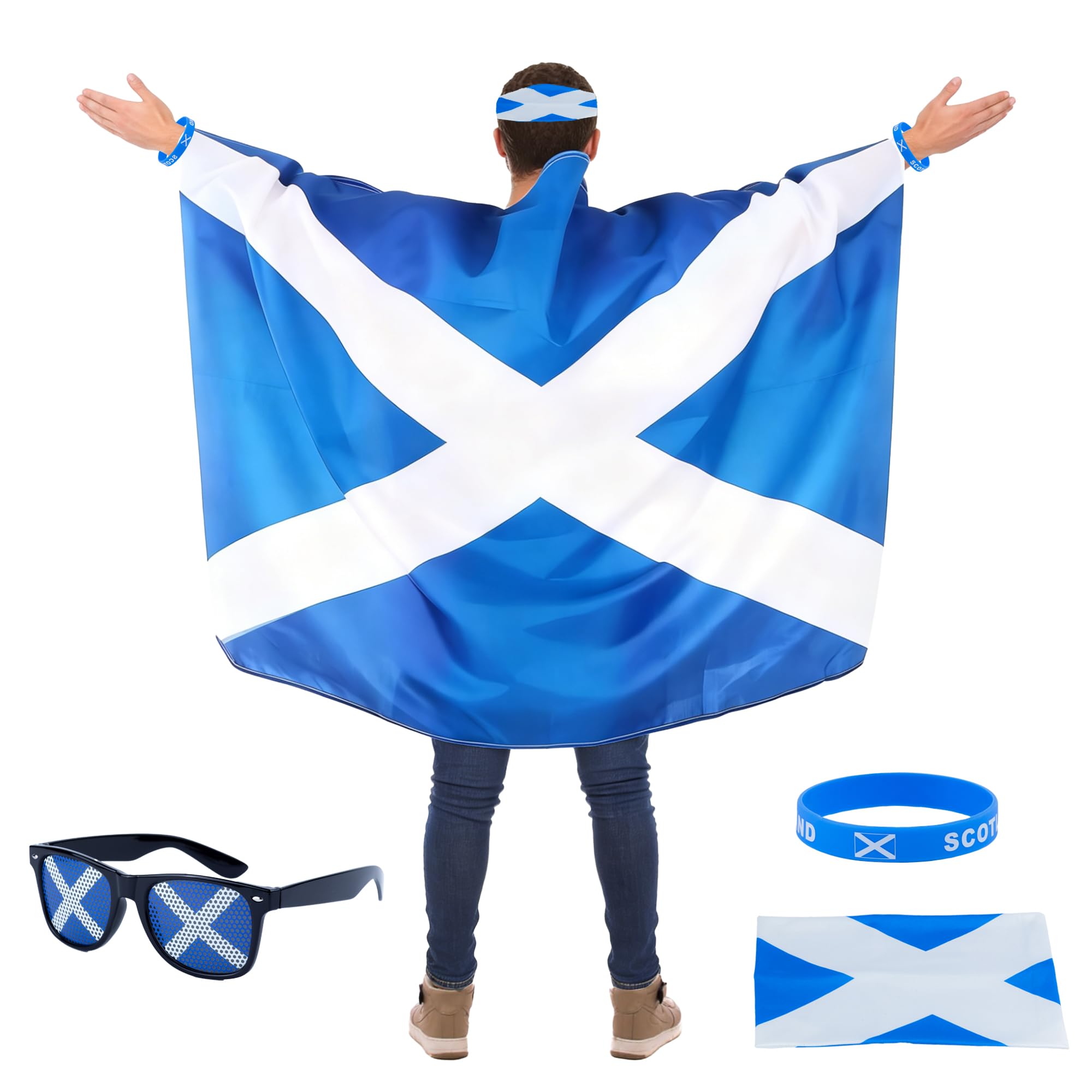 Set of 4 Scotland Flag Wearable Cape, 5ft x 3ft St Andrews Cross Flag Cape, Scottish Glasses, Scotland Silicone Wristbands and Headband for Football Party Celebration St Andrew's Day Burns Night