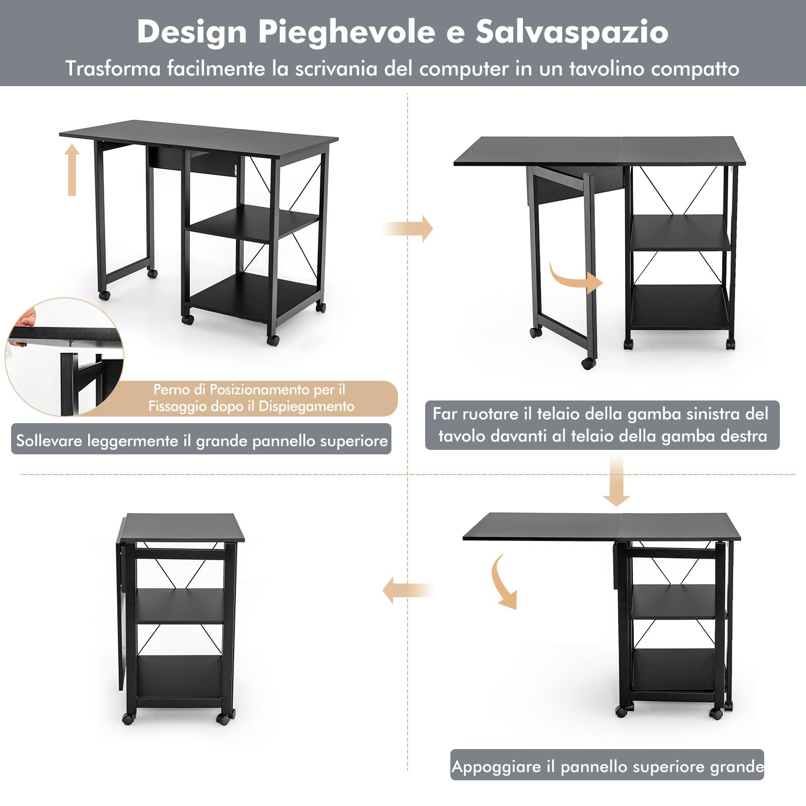 COSTWAY Scrivania Pieghevole per Computer, Scrivania Moderna con 2 Mensole, Postazione di Lavoro per PC con 6 Ruote, Scrivania Compatta Salva Spazio per Casa Ufficio, Marrone (Nero)