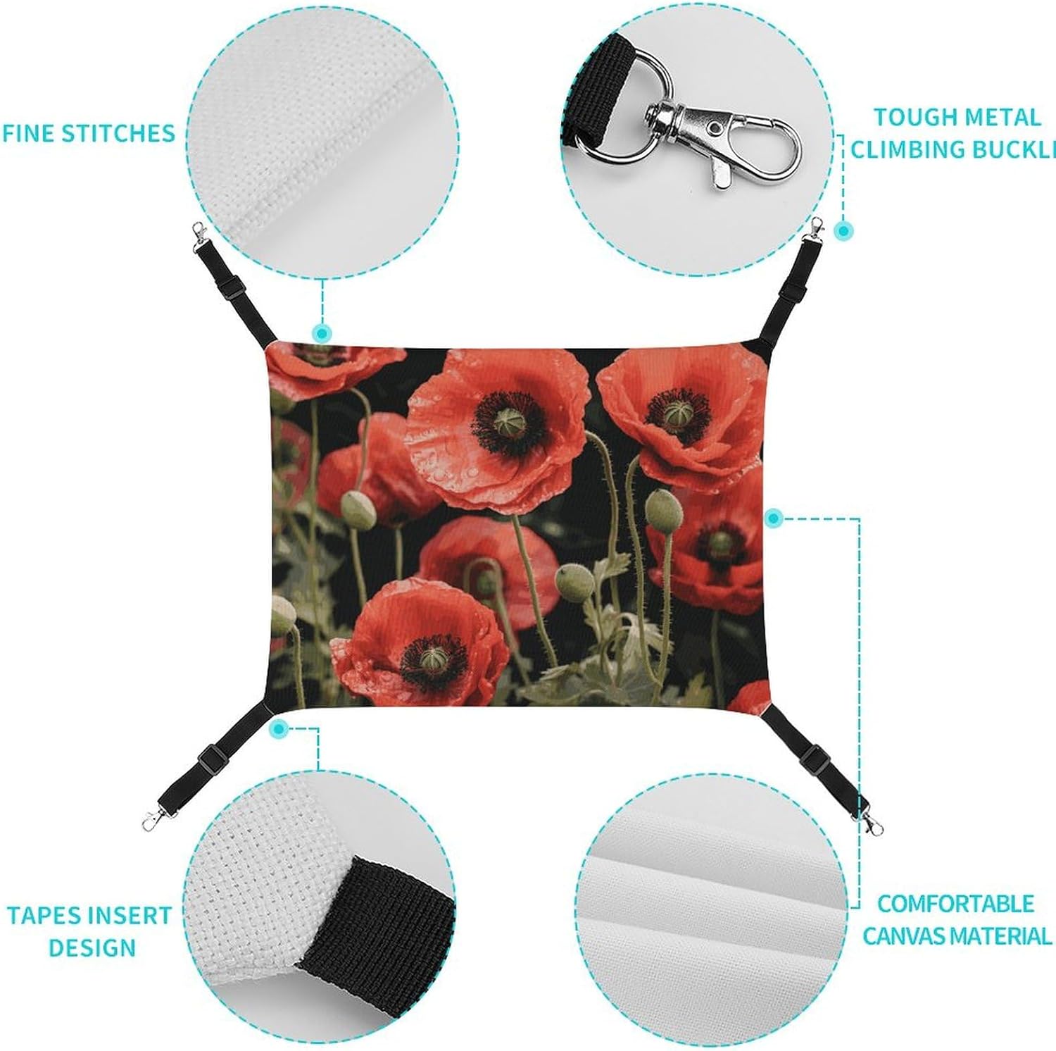 review Hanging Pet Hammock, Red Poppy Flowers Leaves Printed Soft Breathable Pet Hammock with Adjustable Straps and Metal Hooks for Cats Small Dogs Rabbits Sugar Gliders