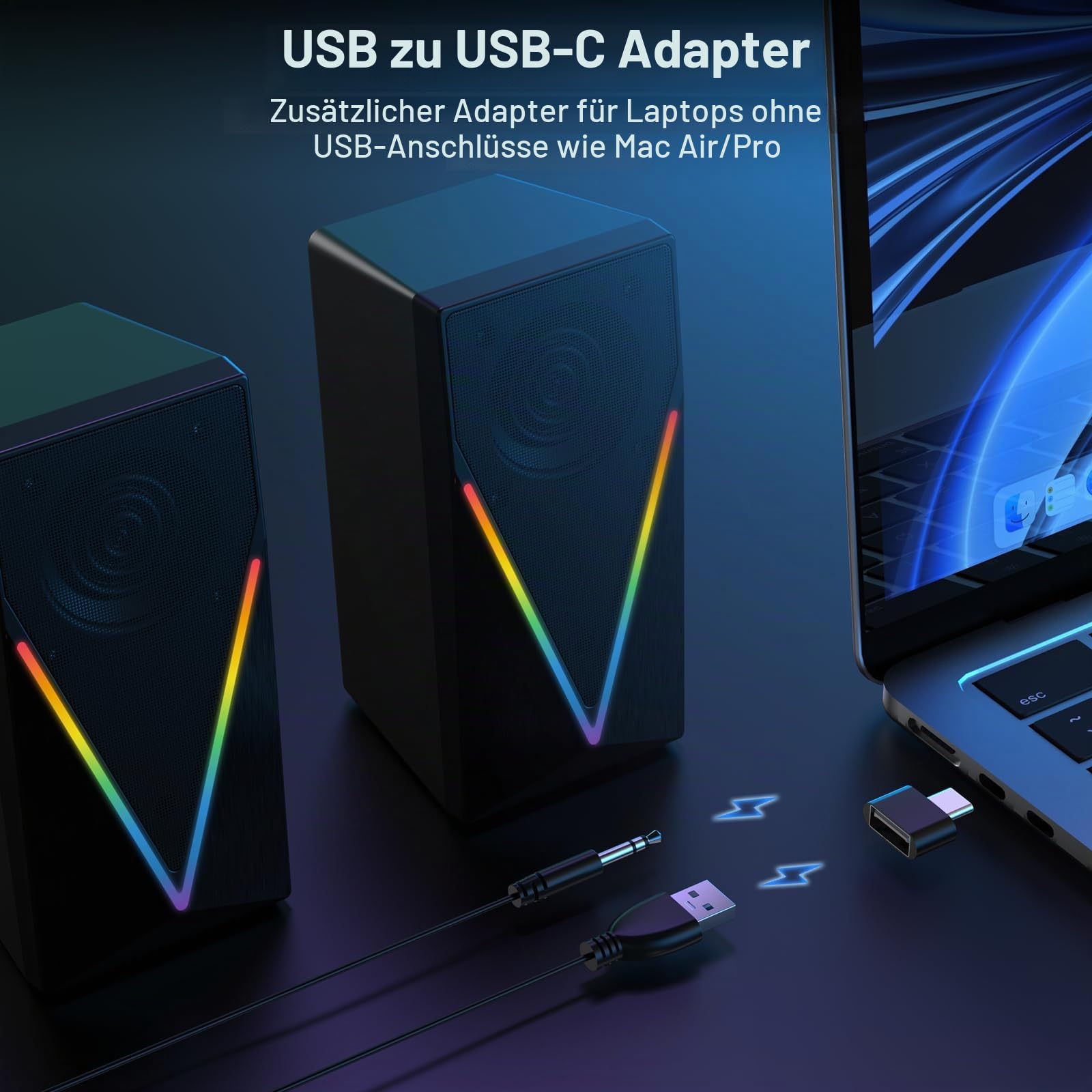 Lautsprecher Desktop-PC-Lautsprecher mit 6 bunten RGB-Lichtern, Kopfhöreranschluss und verbesserter Bass, USB-betrieben