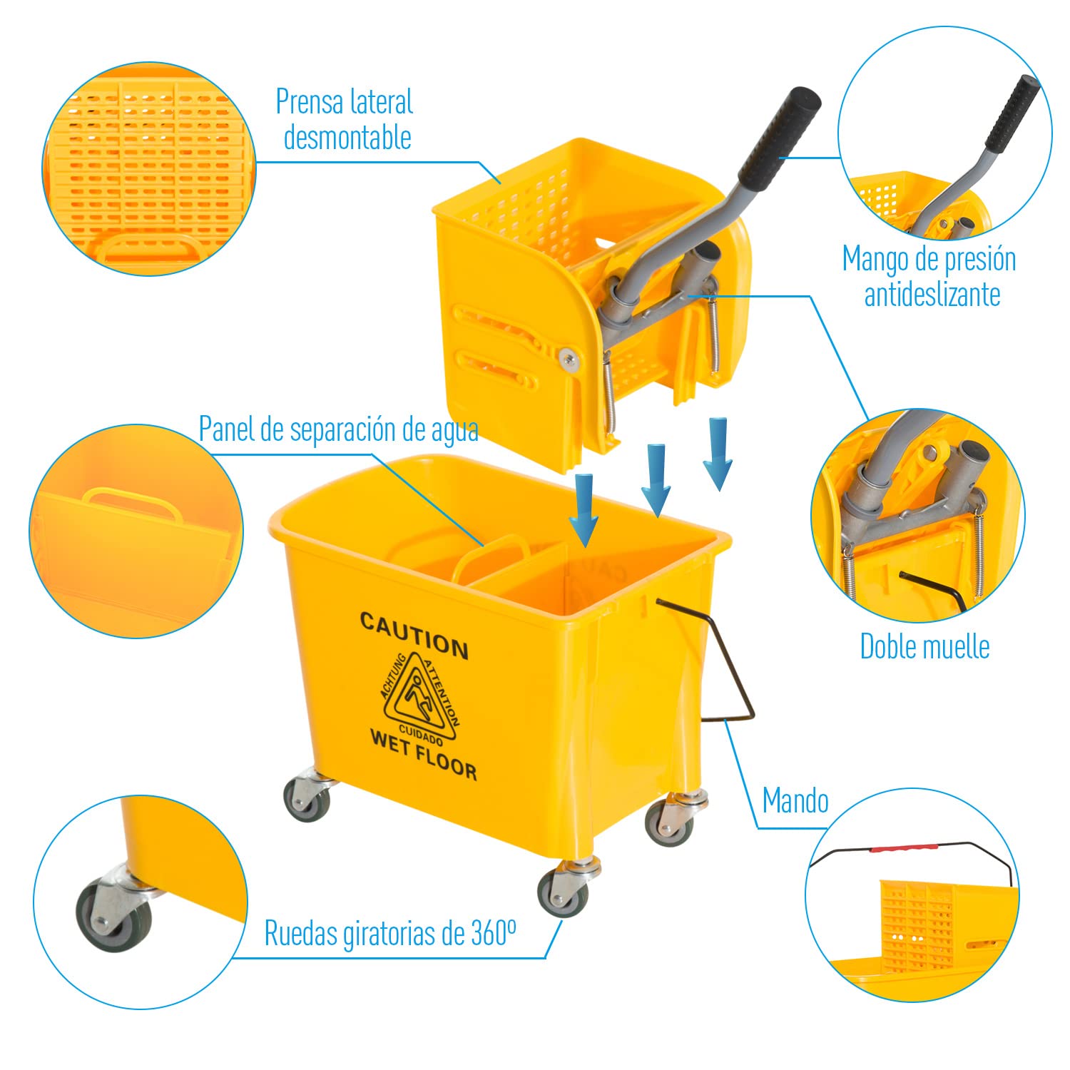 Homcom 720-002: fregona con ruedas, 20 l, escurridor y separador de agua (limpia, sucia), color amarillo, 63 x 27 x 67 cm | Lavado Cubo del Hogar, Separador Agua Sucia Limpia