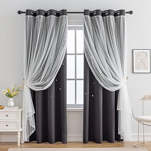 indistar Cortinas opacas con recortes de estrellas para dormitorio de niña, cortinas de oscurecimiento para habitación de bebé, cortinas para