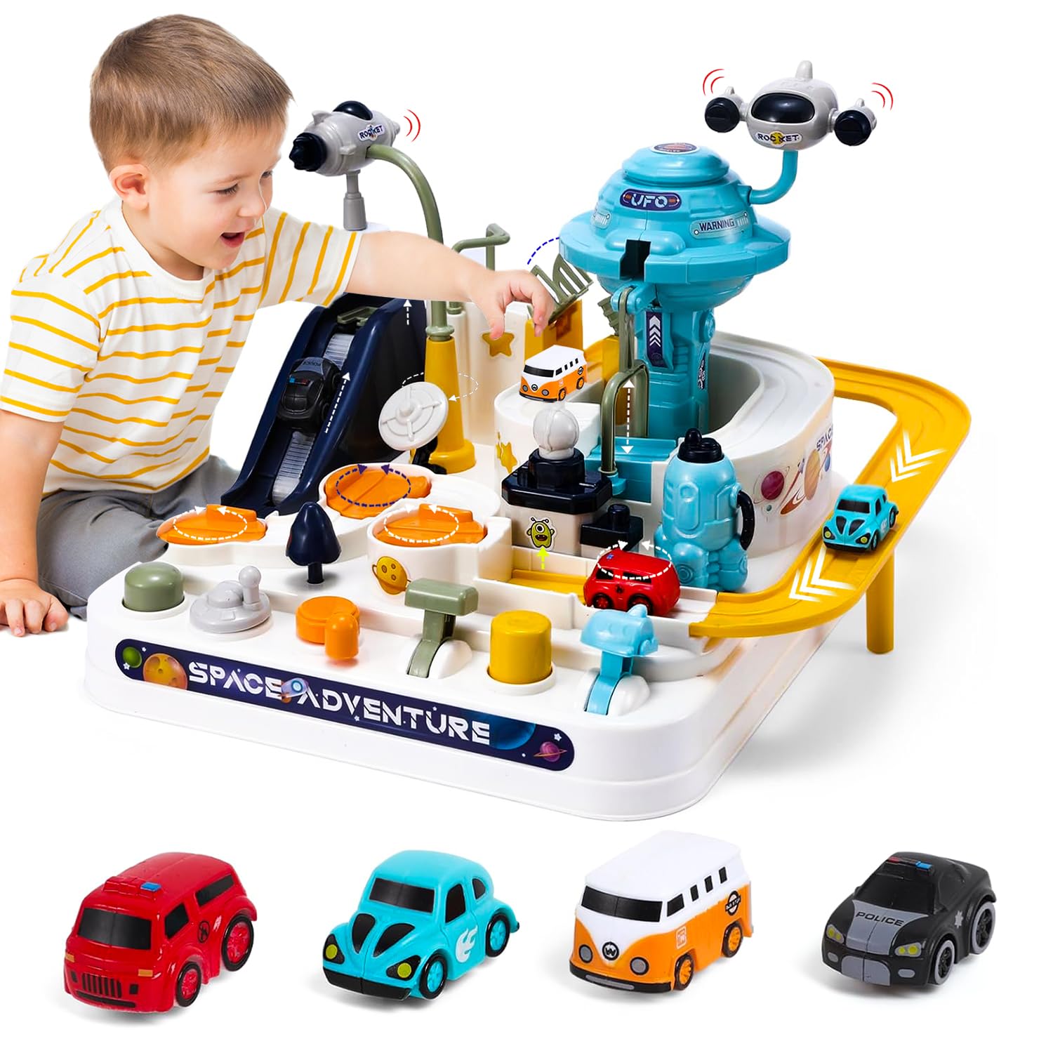 Kids Race Track Toys for Boy Car Adventure Toy for 3 4 5 6 7 8 Years Old Boys Girls,Space City Rescue Playsets Magnet Toys 4 Mini Cars, Preschool Educational Car Games Gift Toy