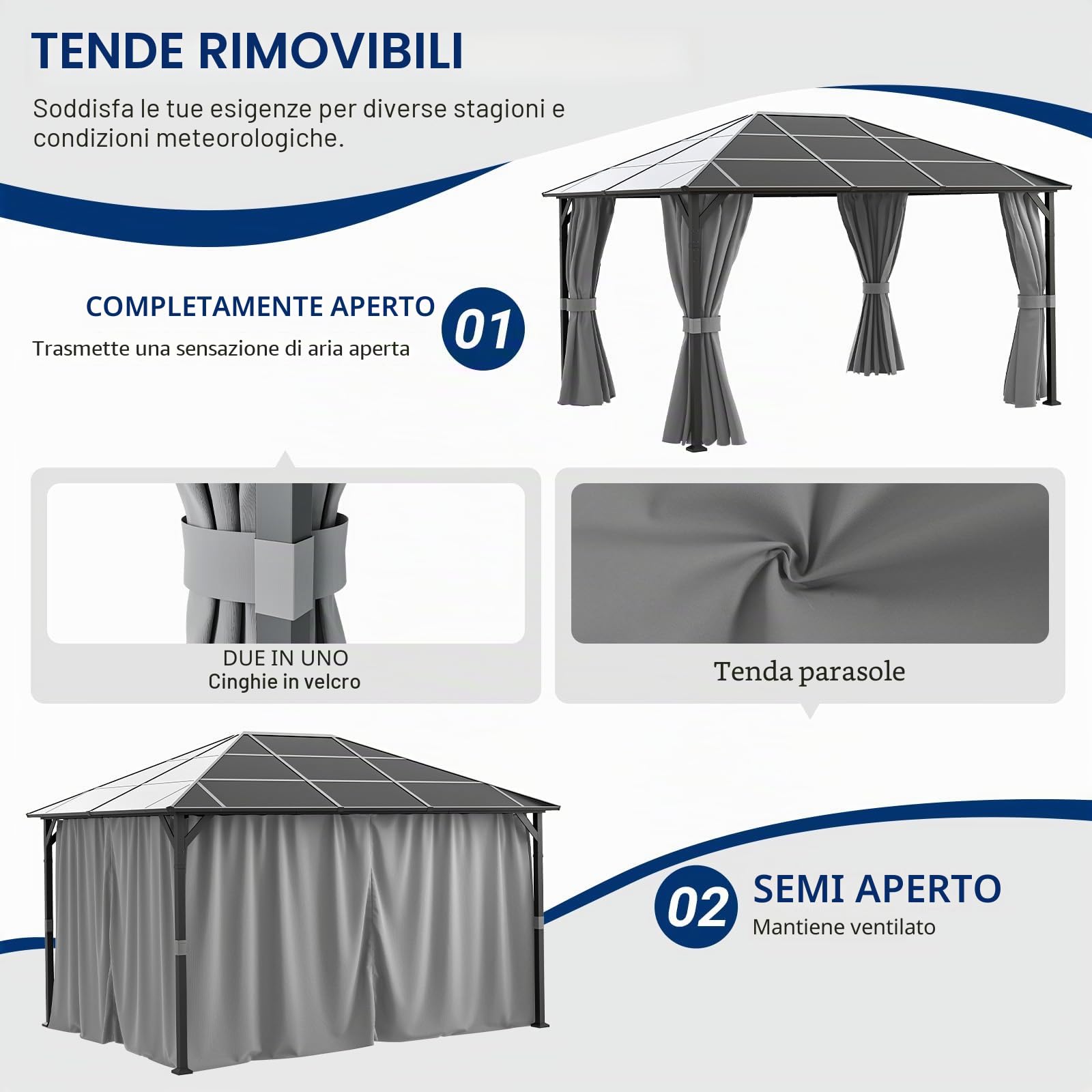UDPATIO Gazebo da Giardino 3x4 m in Policarbonato, Tetto Singolo con Tende, Gazebo per Esterni Resistente al Vento e UV, Struttura in Alluminio per Giardino, Terrazza, Grigio