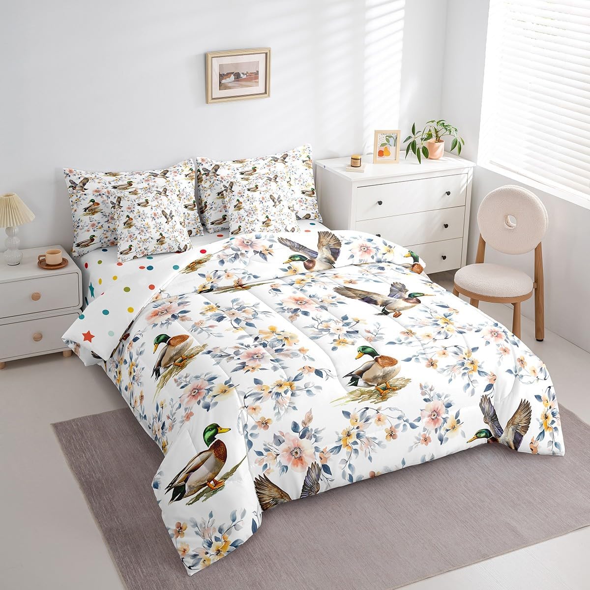 Erosebridal Queen Mallard Duck Bird Comforter Sets 7-Piece,Groovy Flower Floral Bedding Set with Sheets Bed in a Bag,Duck Hunting Bed Sheets Set,Wild Animal Down Comforter with 2 Throw Pillow Covers