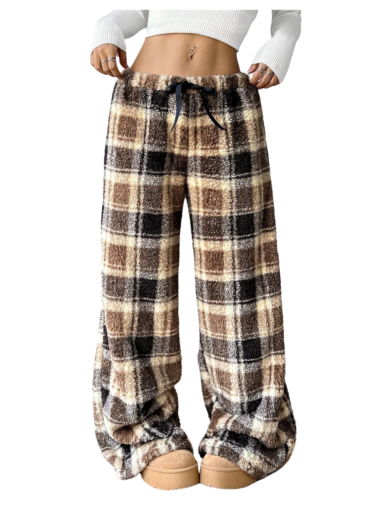 OYOANGLE Womens Plaid Fuzzy Pants Elastic Waist Loose Fit Wide Leg Cozy Lounge Trousers
