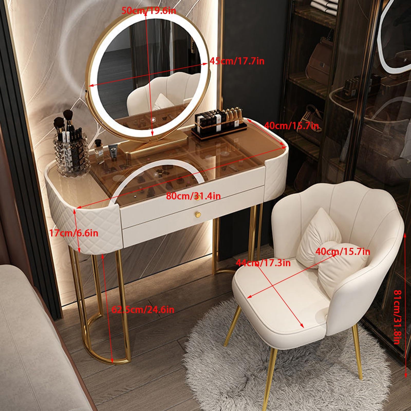 Elegantes Make-up-Tisch-Set für Schlafzimmer, mit 3 Farben, verstellbar, leicht, großer Make-up-Schreibtisch mit gehärteter Glasoberfläche für Damen und Mädchen (Größe: 80 cm, Weiß)