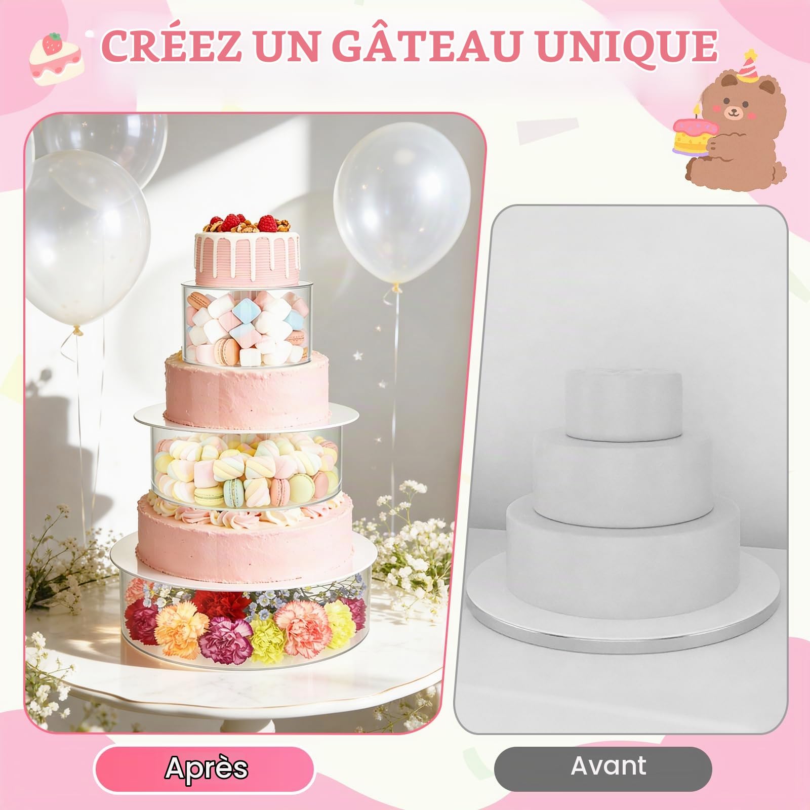 Présentoir à Gâteau 3 Etages en Acrylique, Plateau à Gâteaux Rond Transparent Remplissable avec 3 Bandes Lumineuses LED (Piles Non incluses) Boîtes de présentation empilables pour Mariages, Fête
