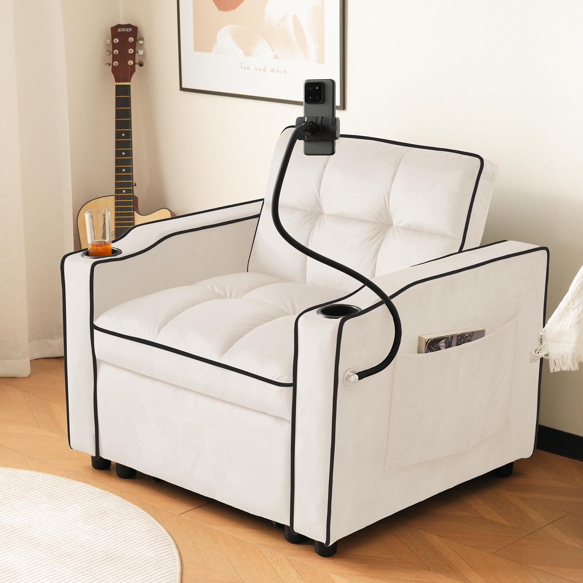 Divano letto singolo allungabile 3 in 1 – con portabevande e supporto per cellulare, poltrona reclinabile, ideale per piccoli spazi, 83 x 167 x 76 cm (beige)