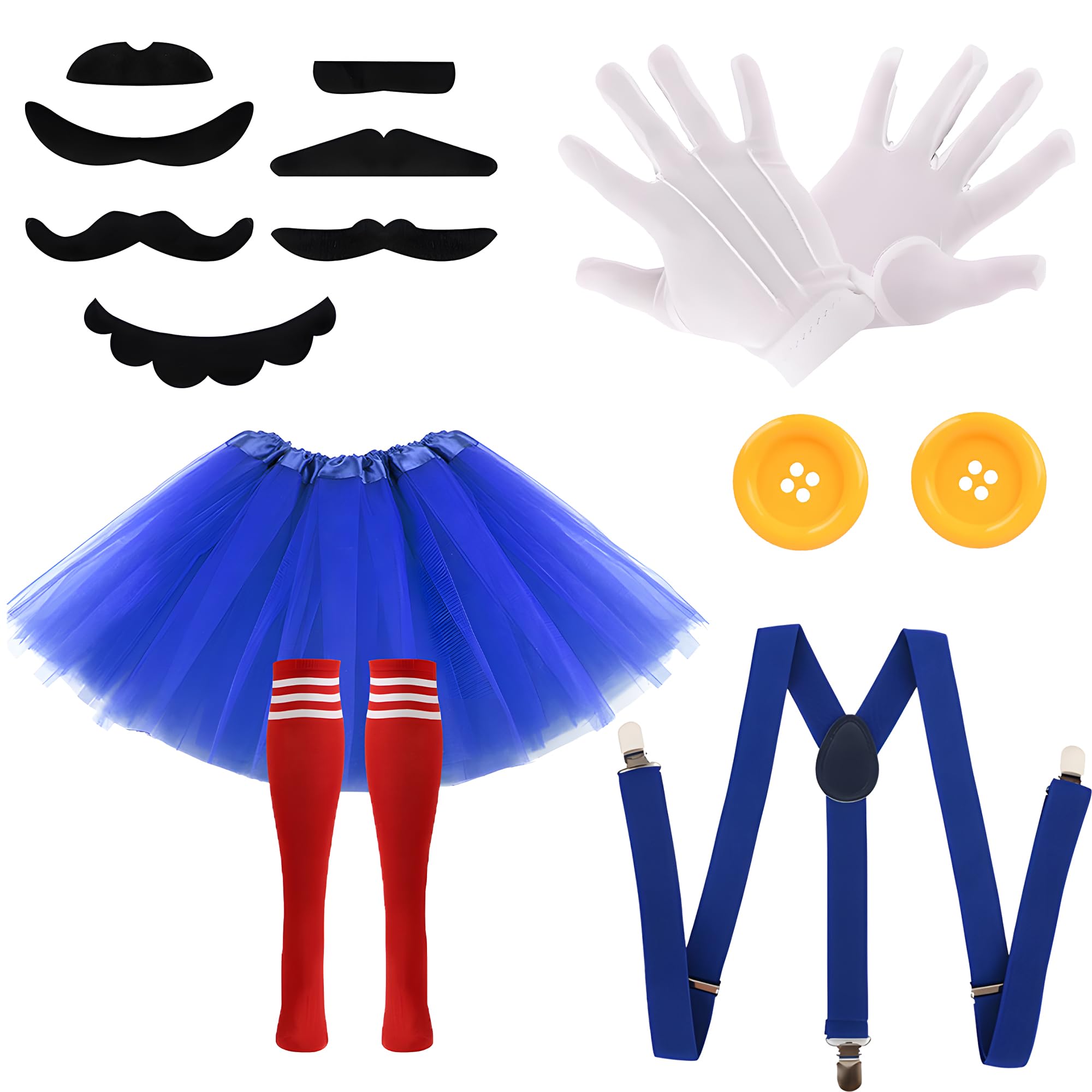 Jyeennar Halloween Costumes Accessories for Adults Women,Including Fake Beard,Gloves,Blue Tutu Skirt, Green Socks,Blue Straps,Yellow Buttons,Fancy Cosplay Party Costumes for Teen Girls