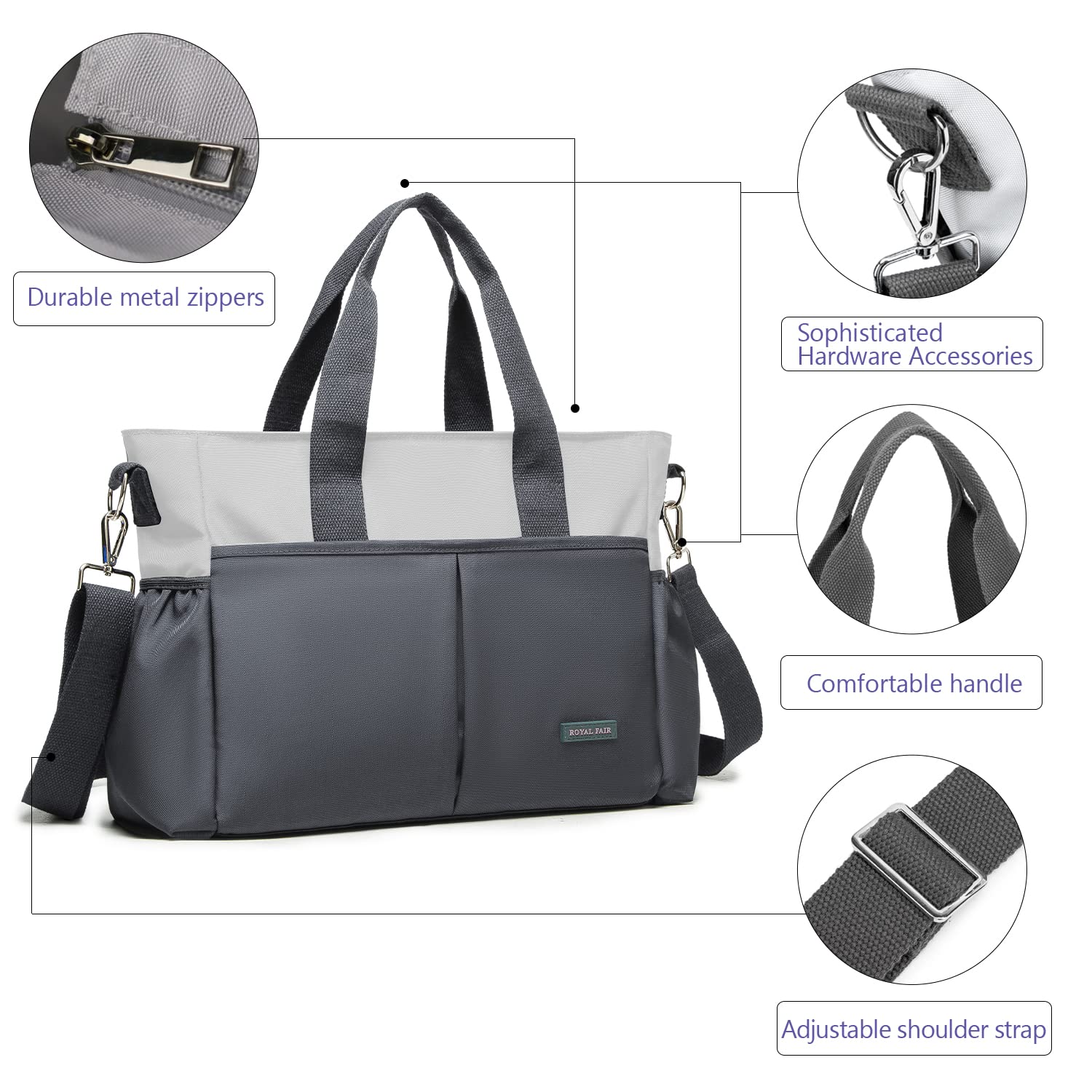 ROYALFAIR Baby Wickeltasche Klein für Unterwegs Reise Wickeltasche Bote Messenger mit Isoliertasche und Befestigungshaken (40 x 28 x 12.8 CM, Grau)