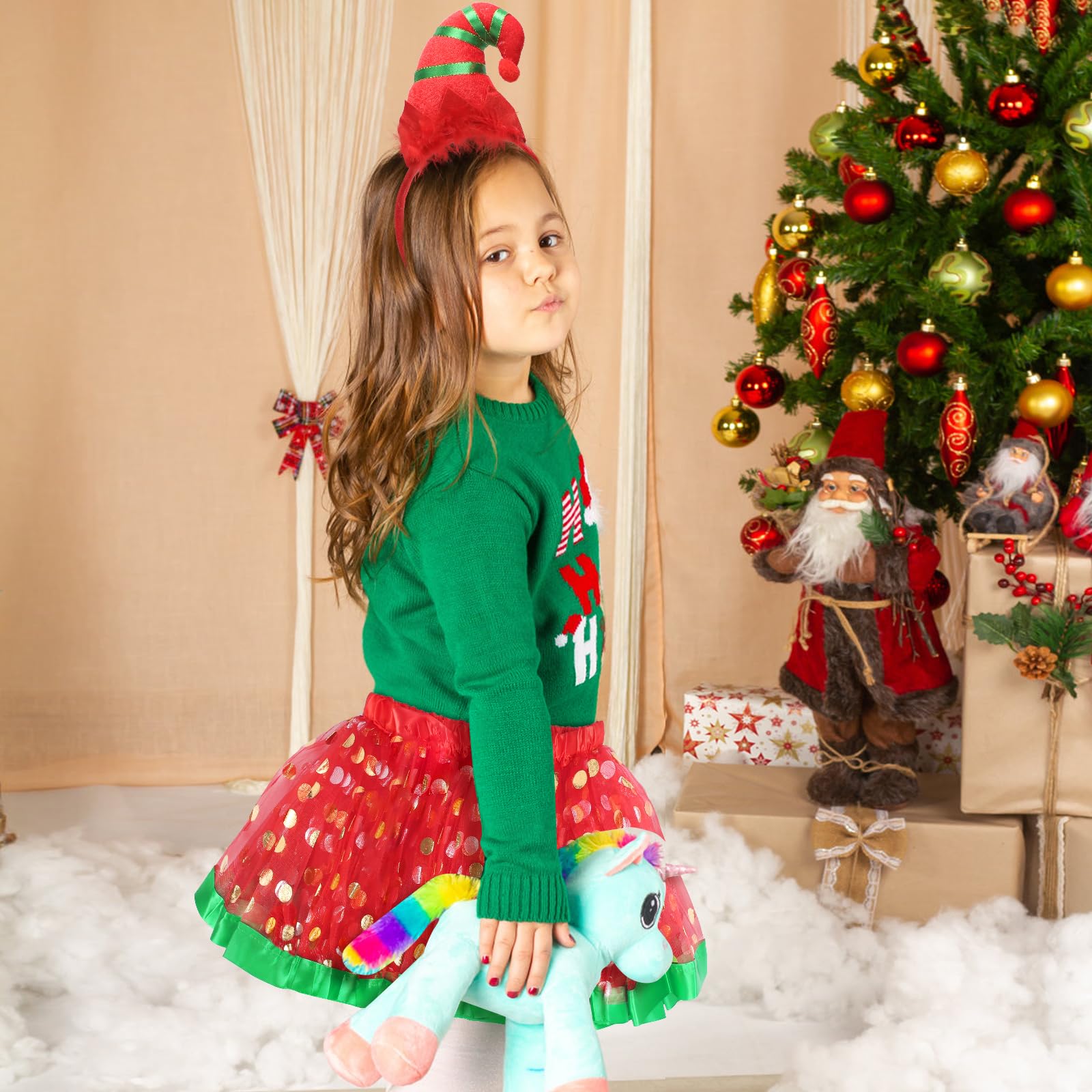HONMOK 2 Piece Girls Elf Christmas Costume, Xmas Elf Outfit with Elf Hat Headband & Red Green Tutu Dress - Image 3