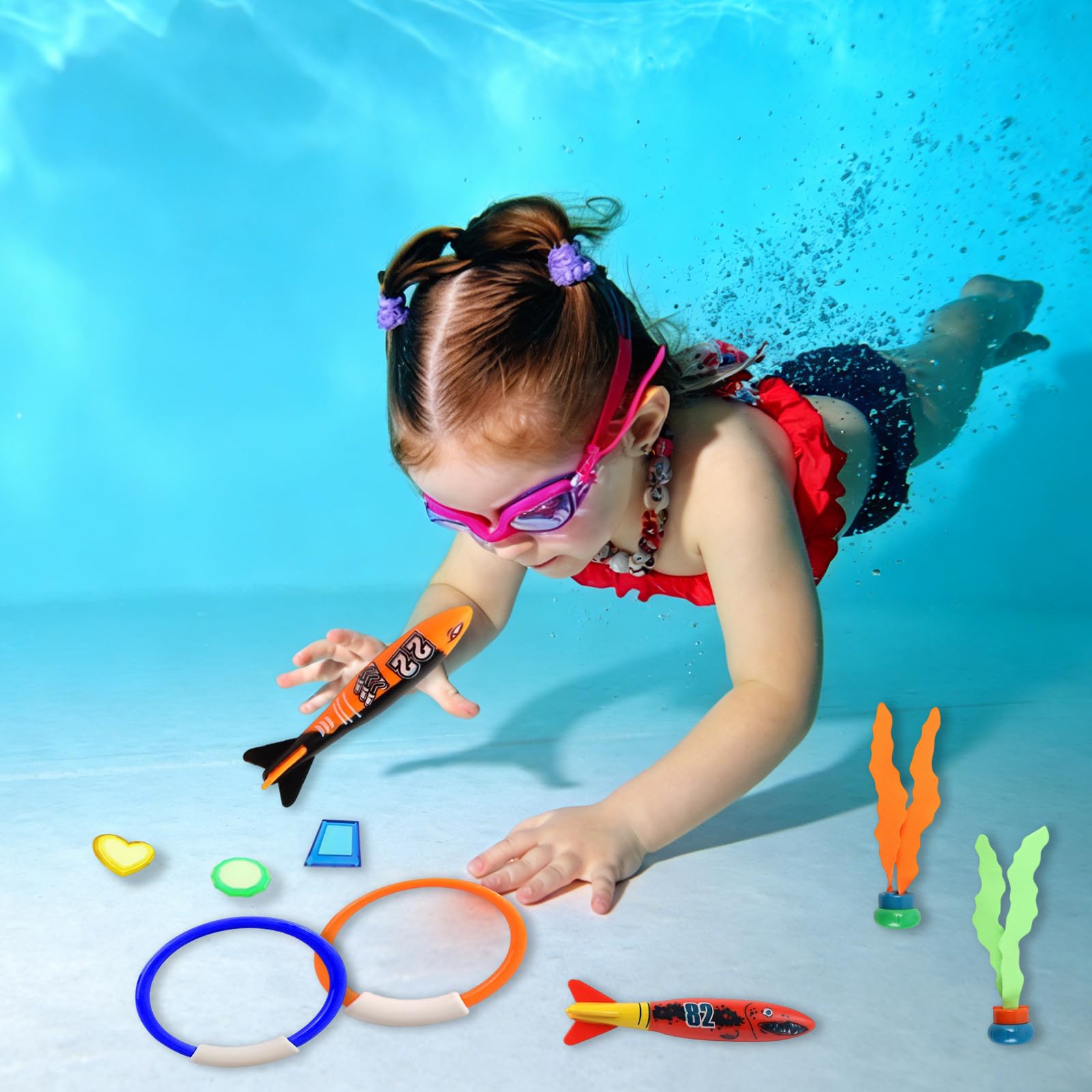 Tauchspielzeug Set Kinder 19 PCS, Unterwasser TauchspielzeugTauchtorpedo, Algenspielzeug & Tauchjuwelen - Spielzeug für Jungen Mädchen ab 4Jahren
