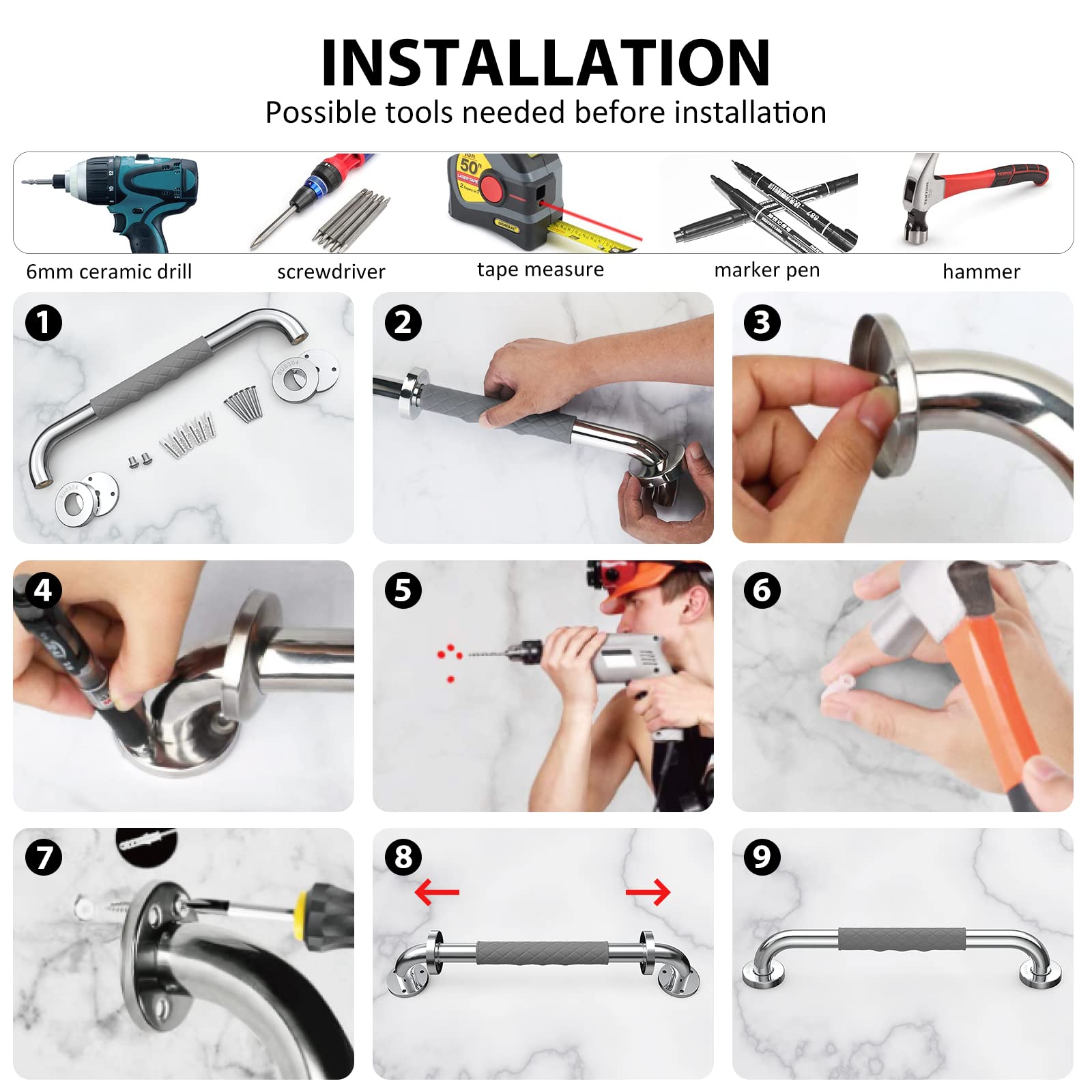 OPOVE 16-inch 2-Pack Grab Bars for Bathtubs and Showers, Gray Anti-Slip Shower Handle for Elderly, Senior, Handicap and Pregnant Women