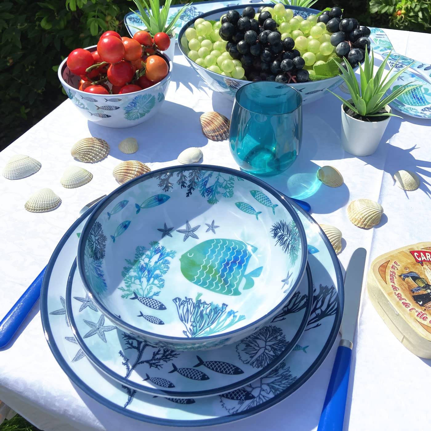 Les Jardins de la Comtesse - Grand Saladier en Mélamine - Caraïbes - 4L / Ø 31 cm - Bleu Mer et Poissons - Service de Table de la Vaisselle Quasi-Incassable MelARTmine