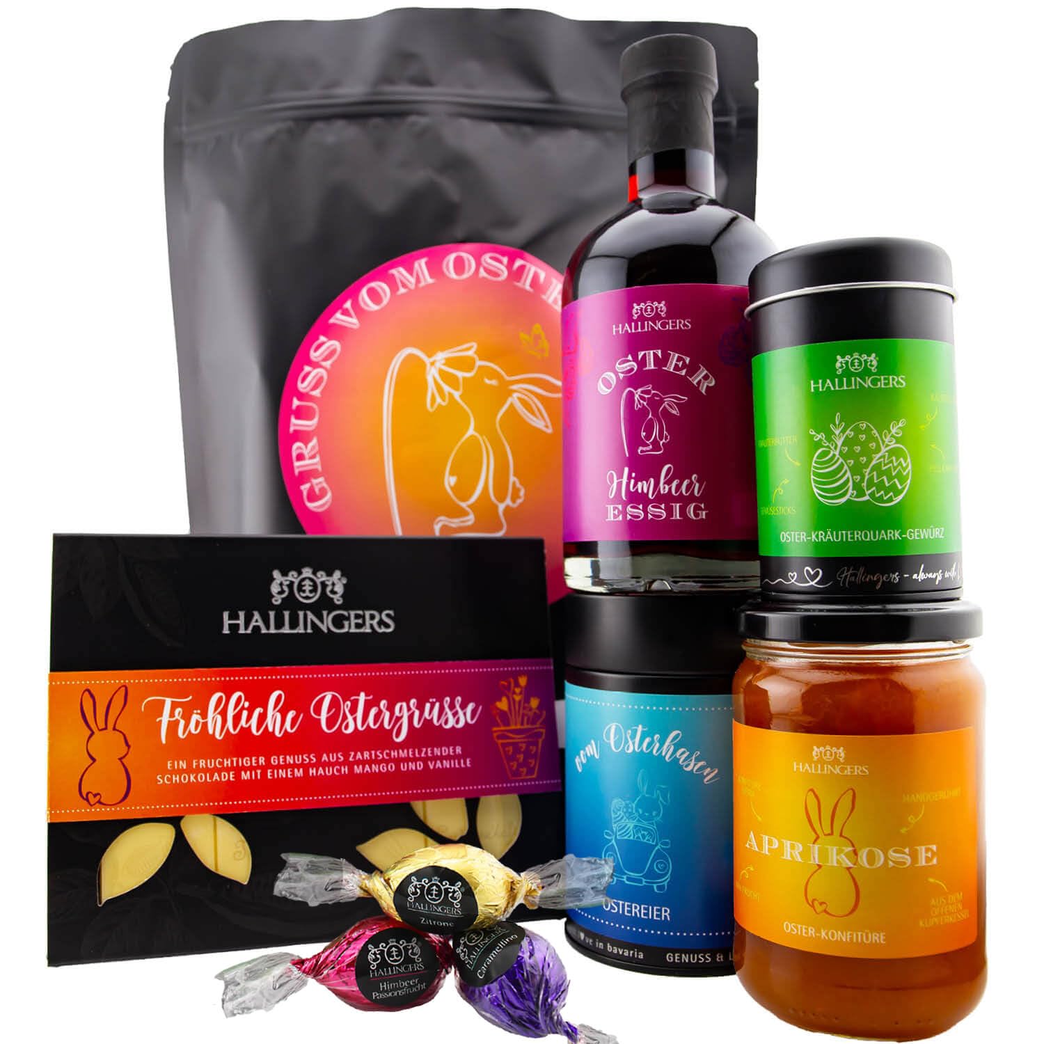 Hallingers Genuss Manufaktur Feinkost Oster-Geschenk-Set - XXL-Wundertüte "Gruß vom Osterh..." großes Osternest Pralinen-Ostereier, Schoki, Konfitüre, Gewürz & Essig, Ostern Körbchen für Frauen