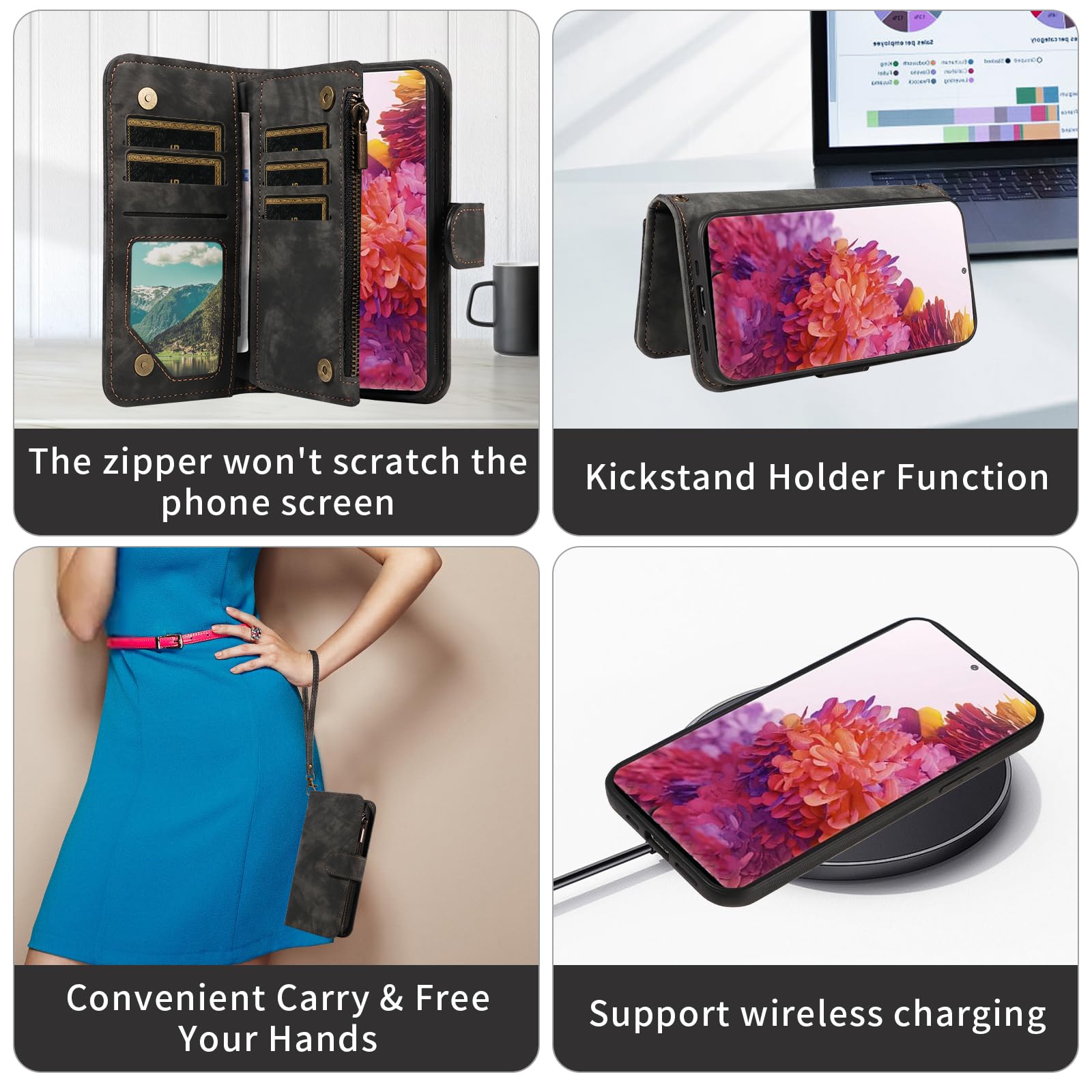 Asuwish Étui de téléphone pour Samsung Galaxy S20 FE 5G 6,5" avec fermeture éclair et sangle de protection d'écran à rabat et porte-cartes de crédit S 20 EF UW 2022 S20FE5G S20FE 20S S2O Fan Edition
