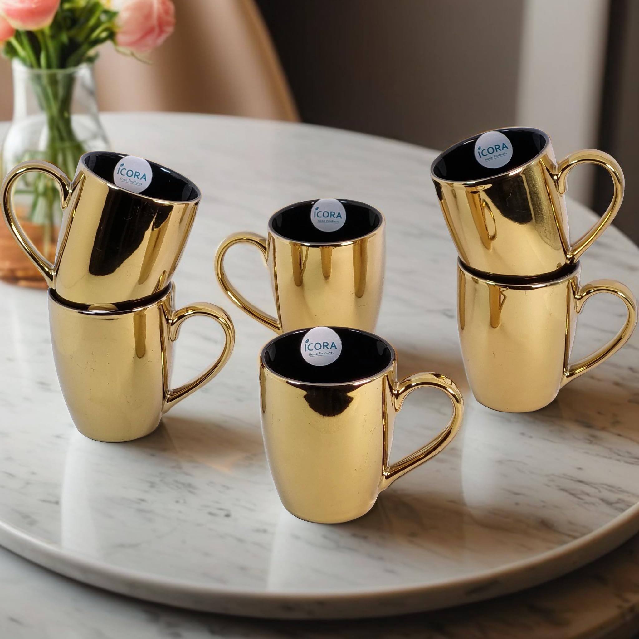 ICORA® Large Golden Coffee Mugs with Black Interior – Set of 6 | 340 ML Glossy Ceramic Drinkware for Coffee, Tea & More