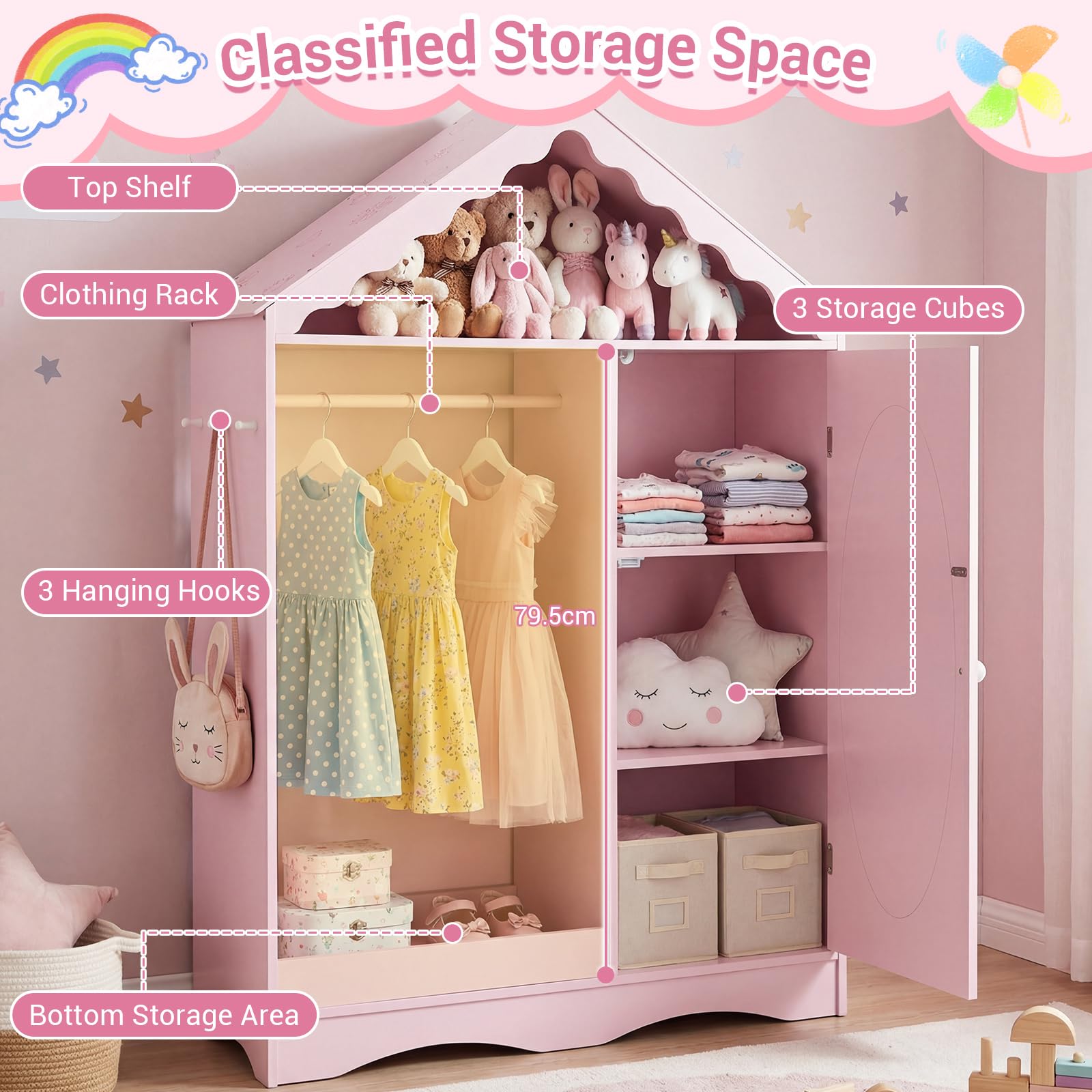FANTASK Kinder Kleiderschrank Hausform, Kindergarderobe mit Spiegel, Kleiderstange, Regalen & Haken, Kinderzimmer Kleiderschrank für Mädchen & Jungen ab 3 Jahren, Kleiderständer Kinderzimmer (Rosa)