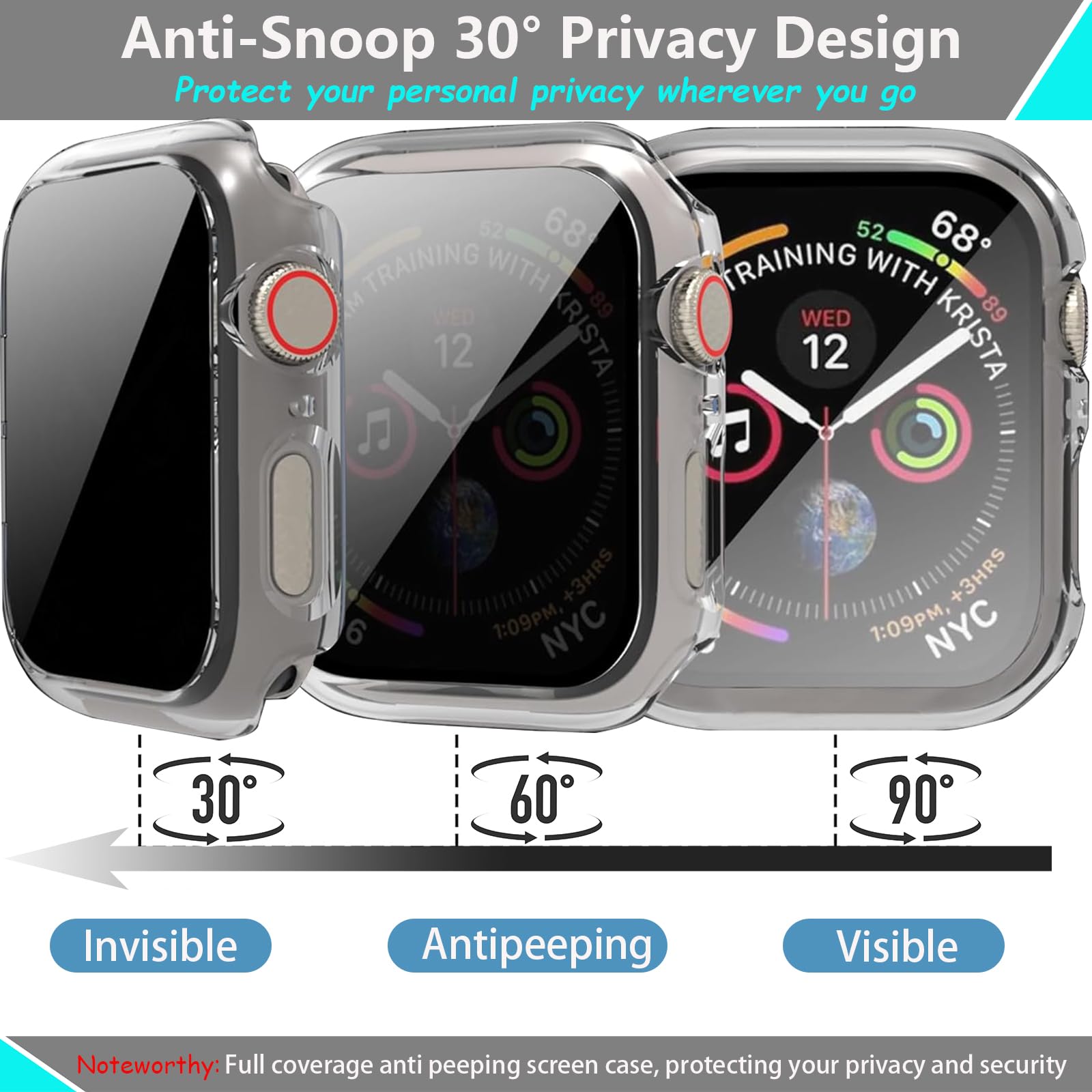 AOKUTDA - Confezione da 3 custodie rigide in policarbonato per Apple Watch Serie 9/8/7, 45 mm, protezione schermo in vetro temperato anti spia a 30°, ultra sottile, copertura completa per accessori