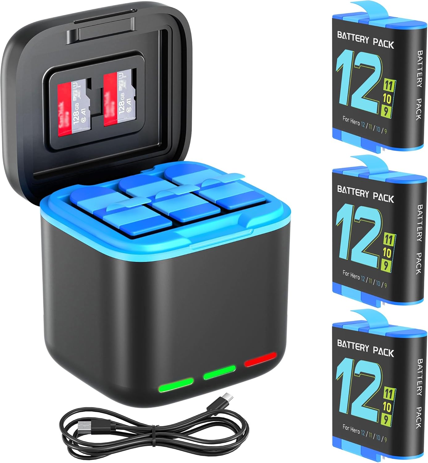 Battery Charger Kit for Hero 9/10/11/12 3-Pack with 3-Channel Fast Charger