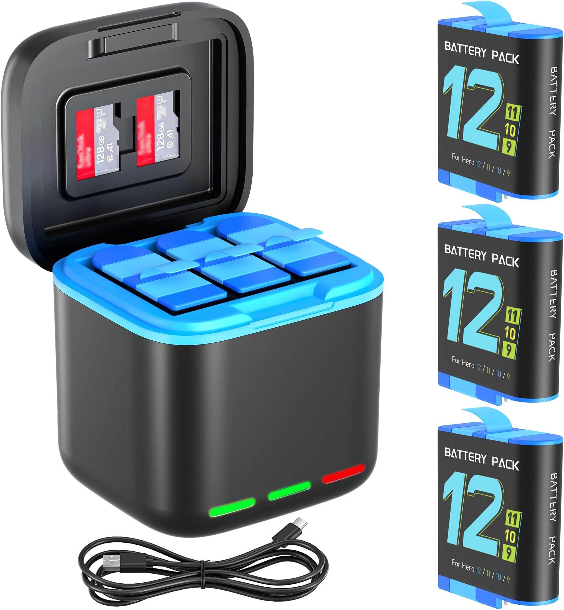 HONGDAK Battery Charger Kit for Hero 9/10/11/12 Battery 3-Pack 2000mAh and 3-Channel Fast Charger with Micro SD Storage Slots Fully Compatible with GoPro Hero 9 10 11 12 Black Official