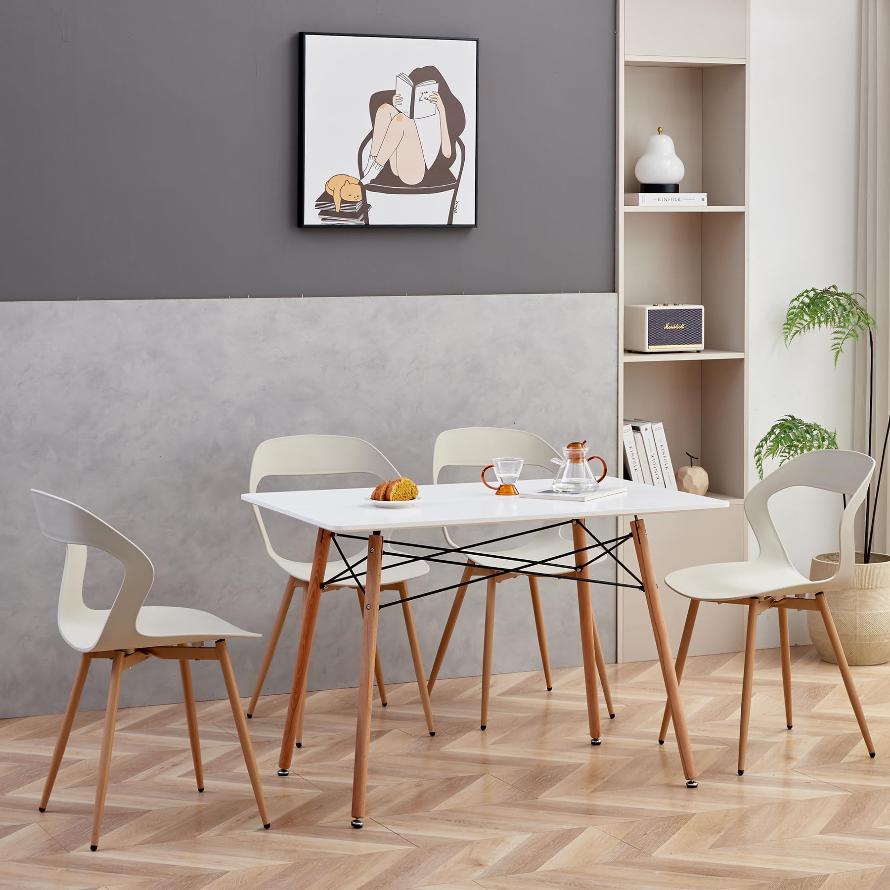 GrandCA HOME 4er-Set Esszimmerstühle oder Bürostuhl mit Metallbeinen, Küchenstühle für Wohnzimmer, Esszimmer, Besprechungszimmer,Beige+Eiche