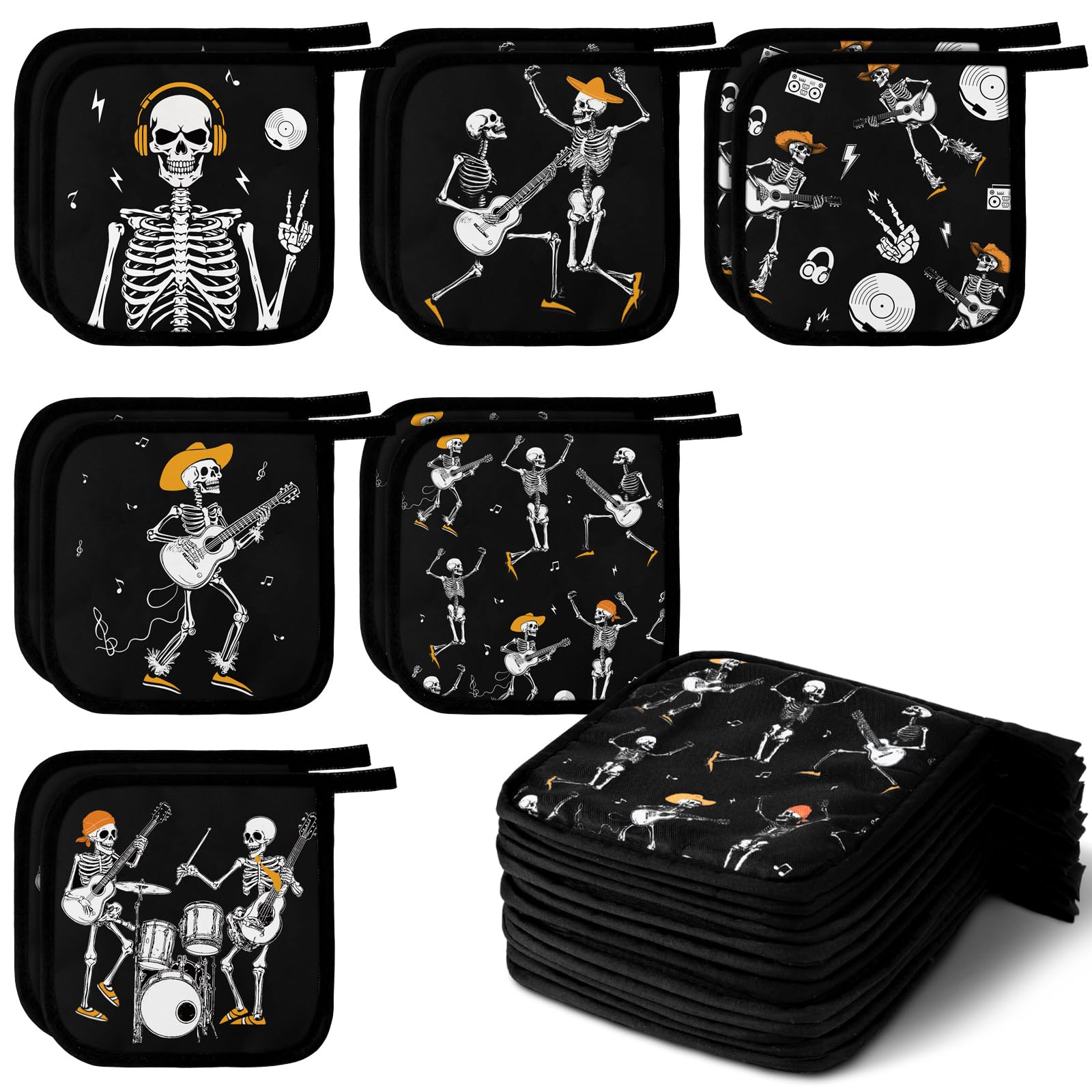 Bencailor 12 Pcs Halloween Skull Pot Holder with Pocket, Music Dance