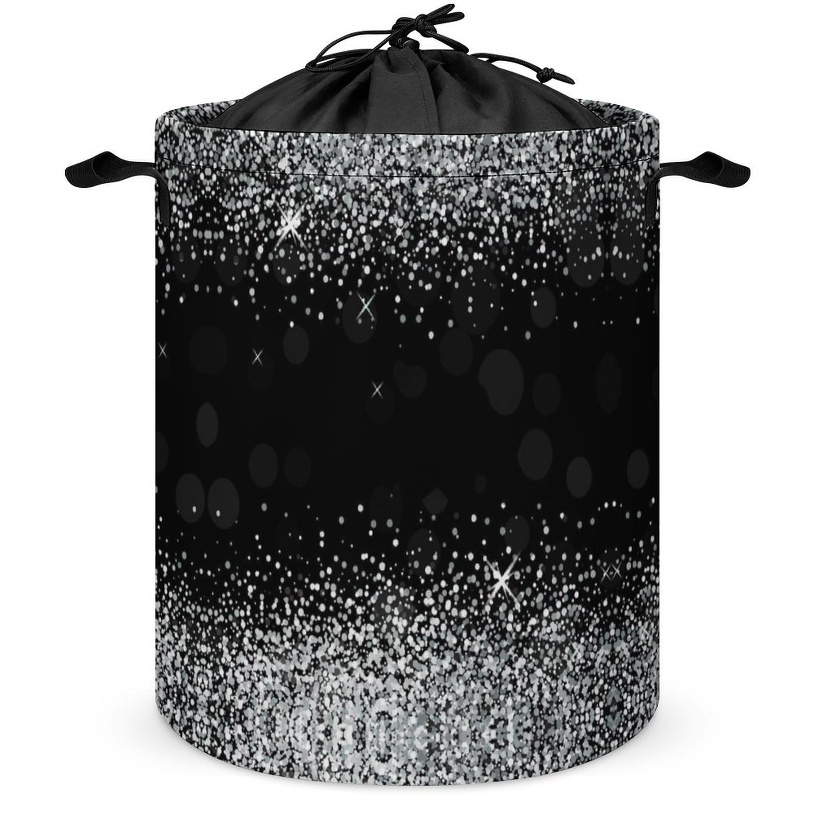 Qjjinxior Drawstring Laundry Hamper, Shiny Silver Glitter Laundry Basket, Washing Basket with Handle