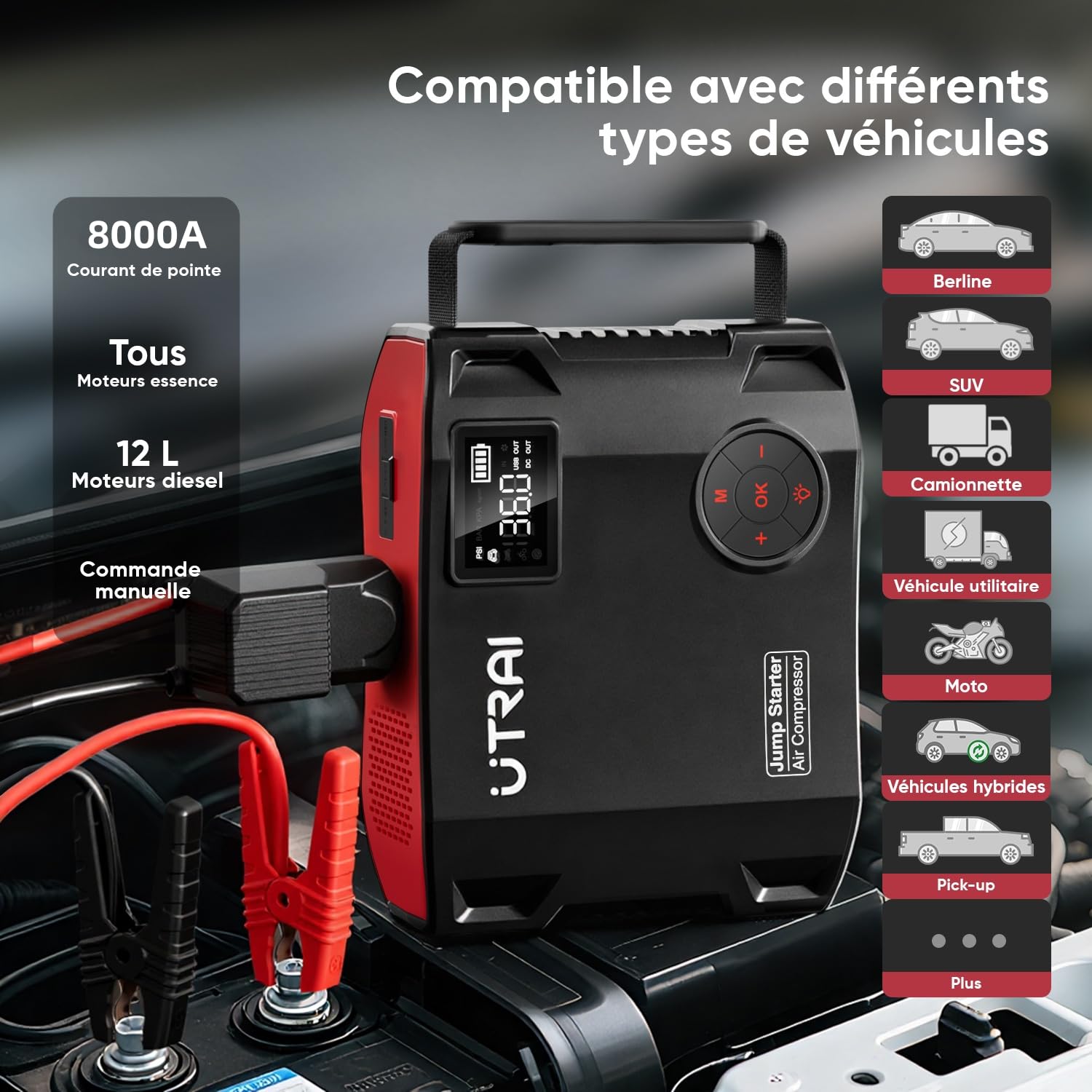 UTRAI 27000mAh Booster Batterie Voiture 8000A, Demarreur Batterie Voiture avec 1600 Lumens LED, Gonfleur, Sortie CC 160 W, 18W Charge Rapide, Jump Starter Portable (Tous Gaz ou 12L Diesel)